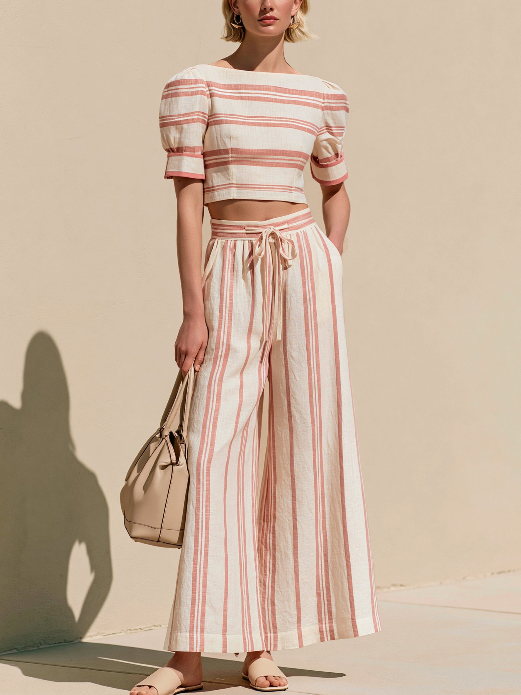 Muted Pink Cotton Striped Short SleeveTop &Drawstring Pants Set