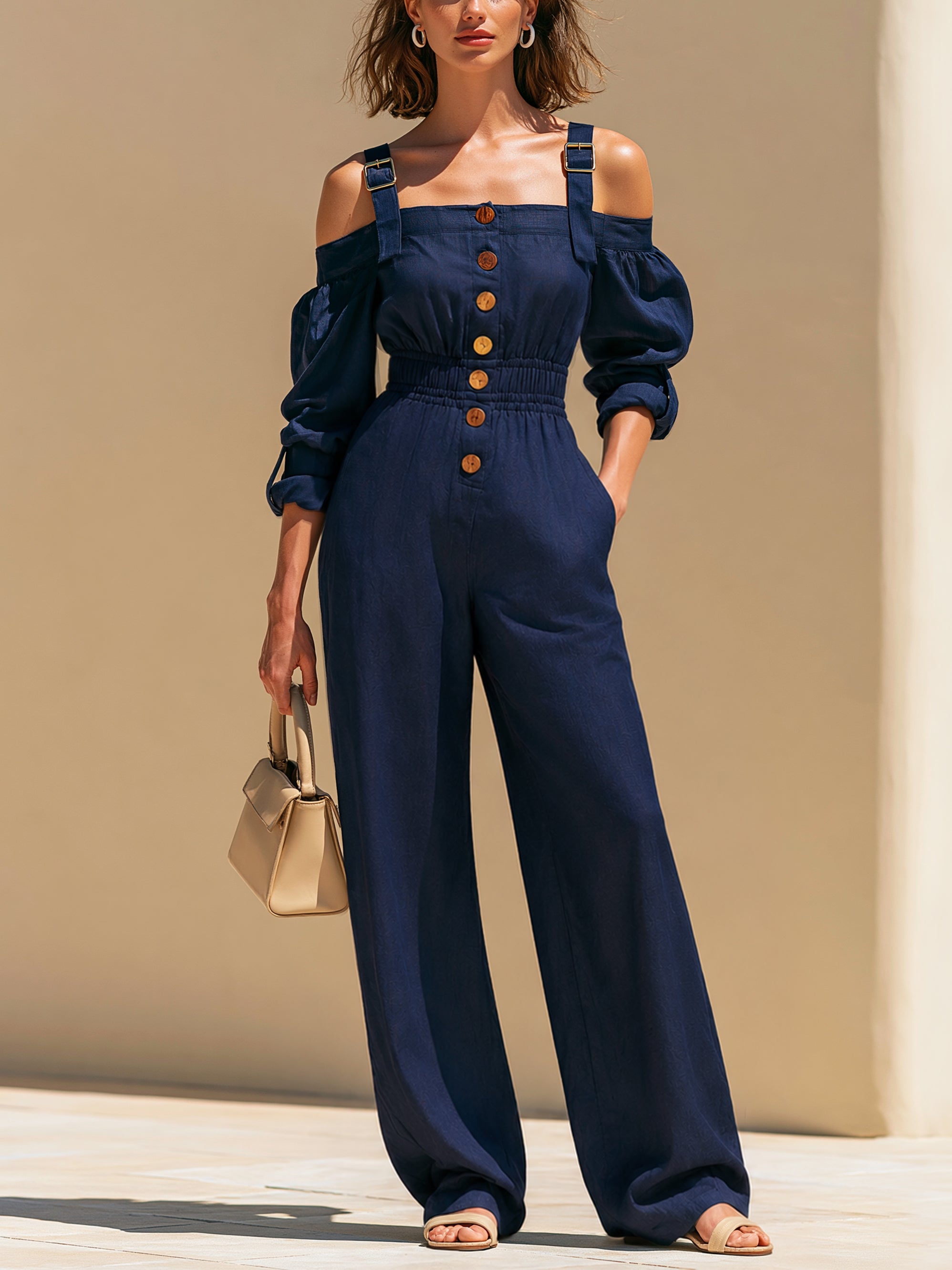 Elegant Linen Long Sleeve Adjustable Strap Jumpsuit