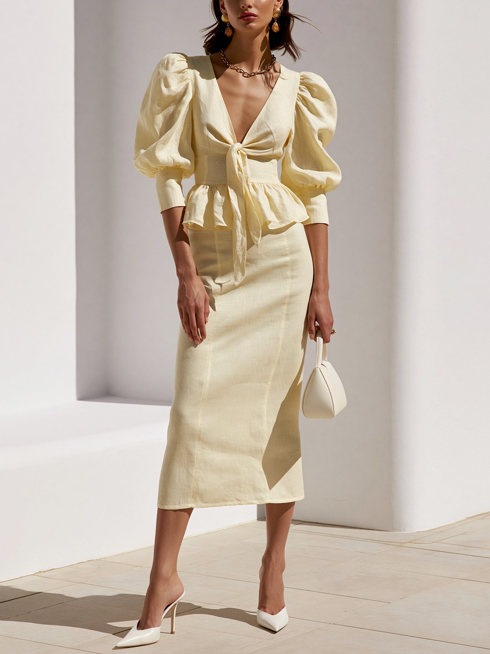 Luna Pearl Tie-Front Puff Sleeve Two-Piece Set