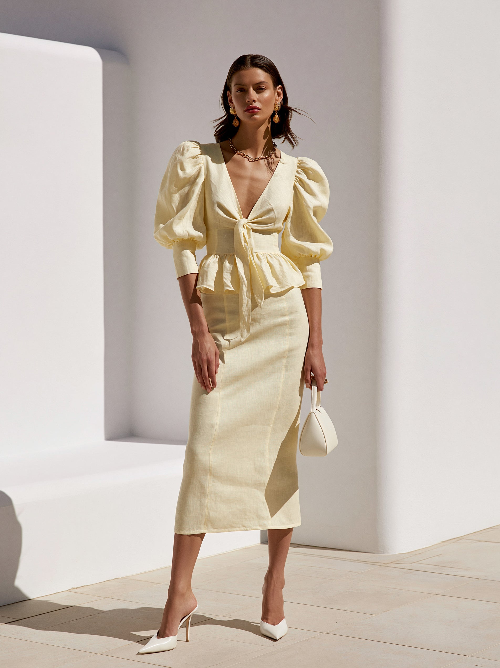 Luna Pearl Tie-Front Puff Sleeve Two-Piece Set