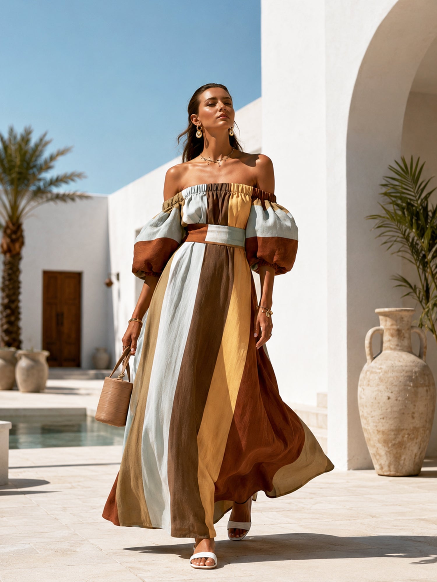 Earth Tone Off-Shoulder Puff Sleeve Maxi Dress