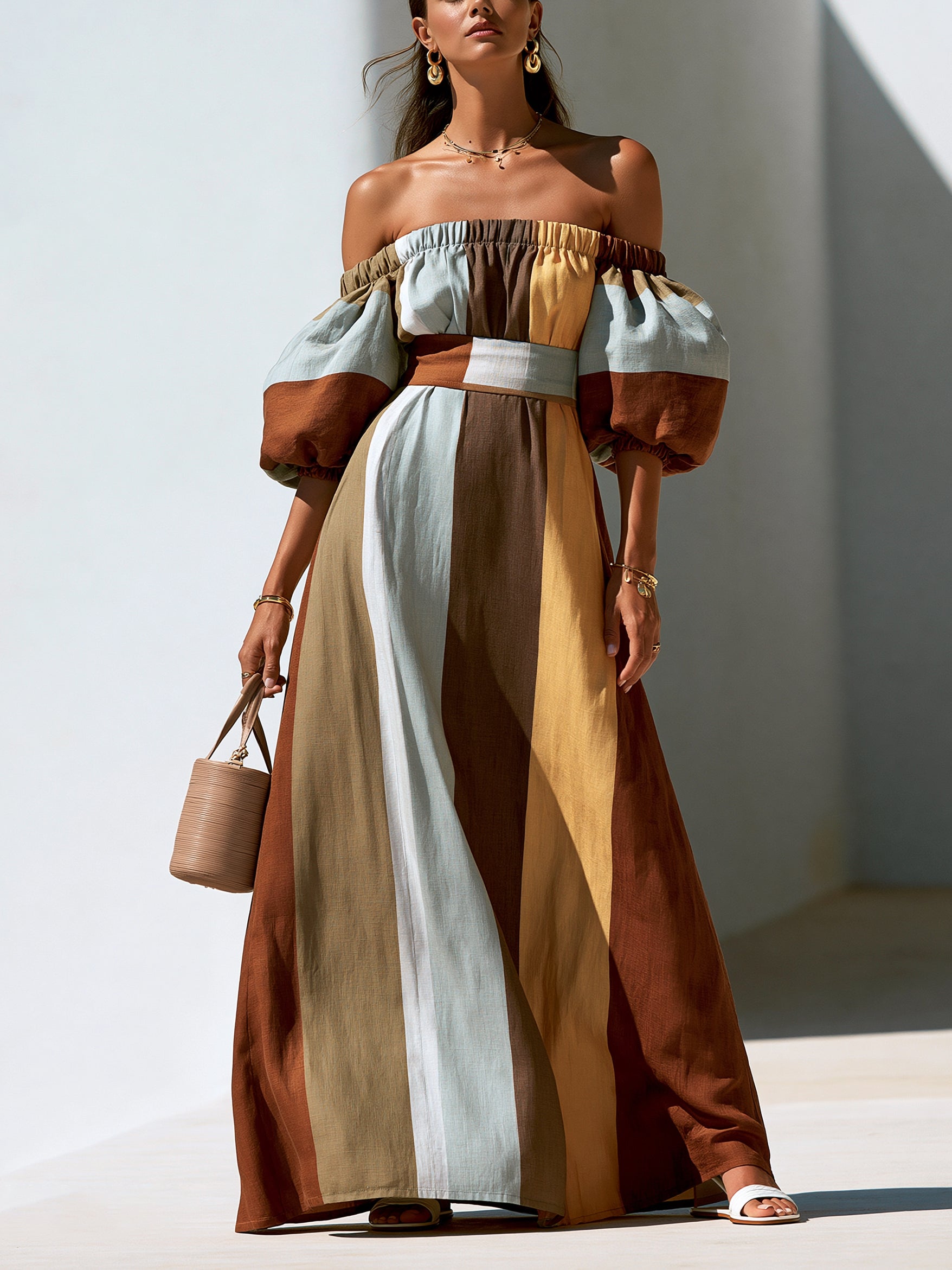 Earth Tone Off-Shoulder Puff Sleeve Maxi Dress