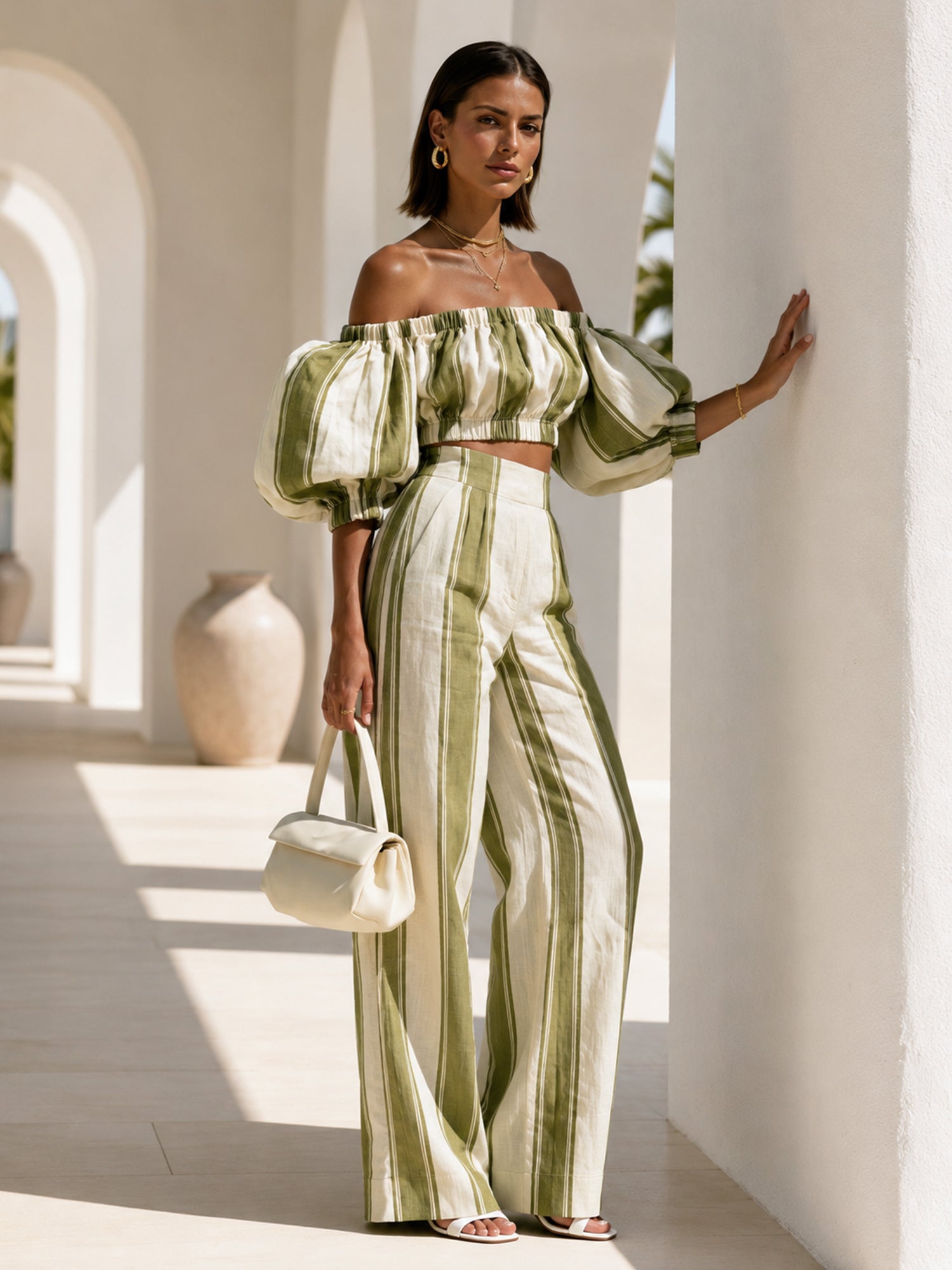 Olive Stripe Off-Shoulder Puff Sleeve Co-Ord Set