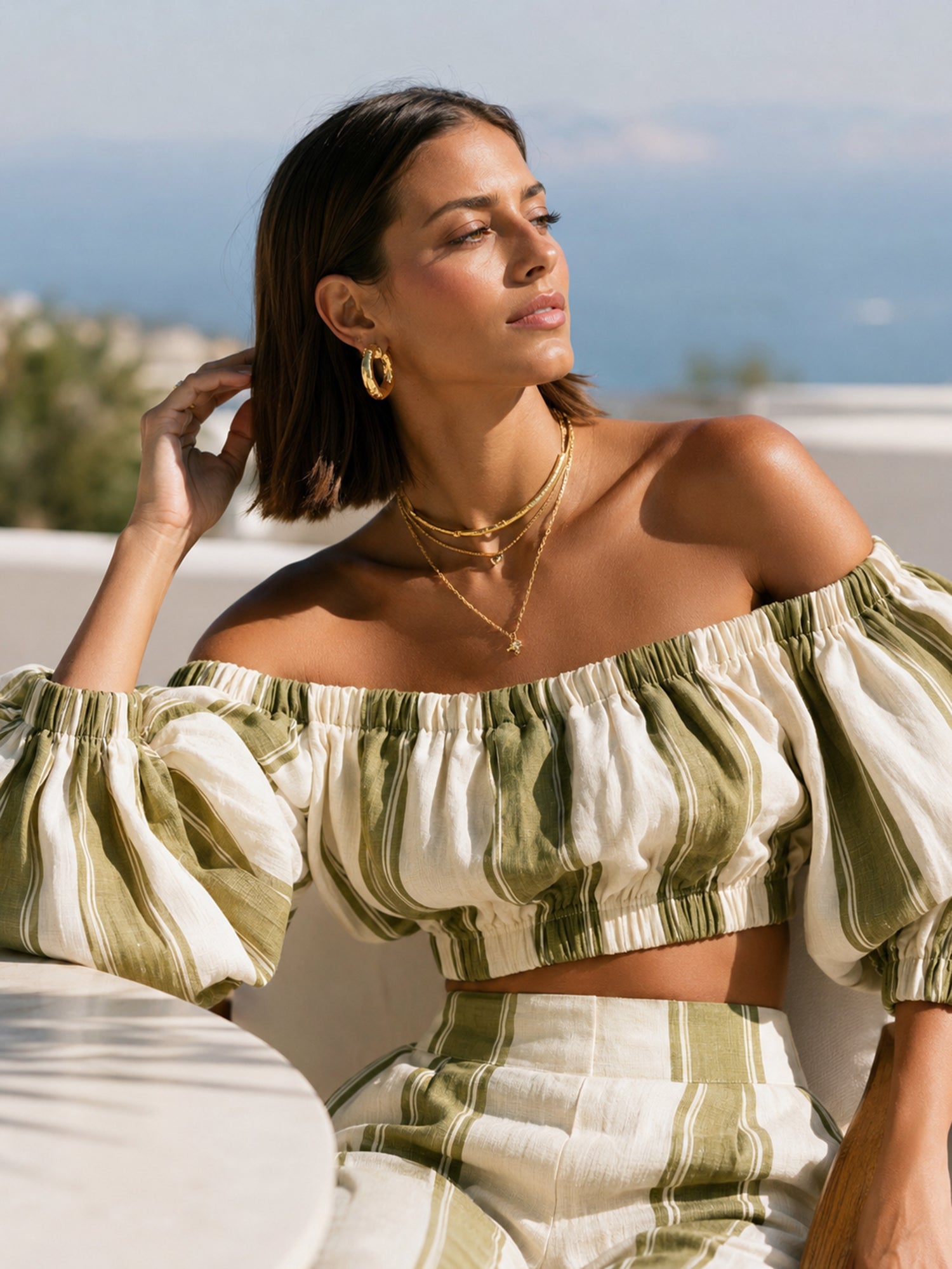 Olive Stripe Off-Shoulder Puff Sleeve Co-Ord Set