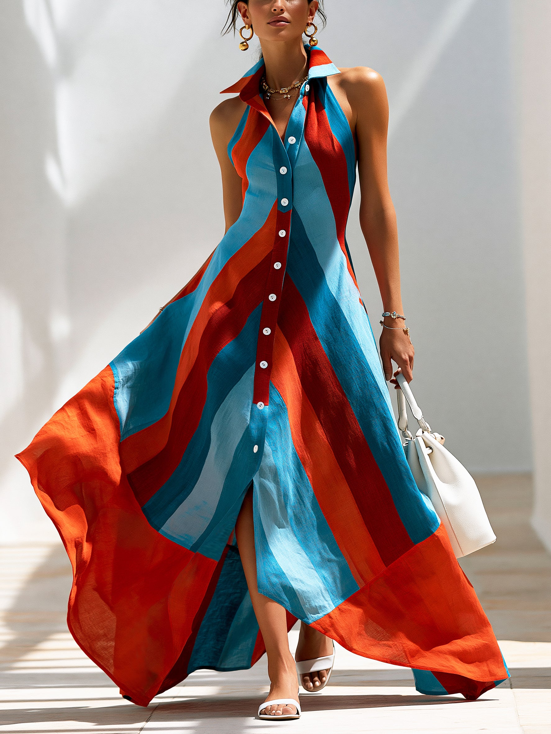 Sunset Riviera Stripe Halter Maxi Dress