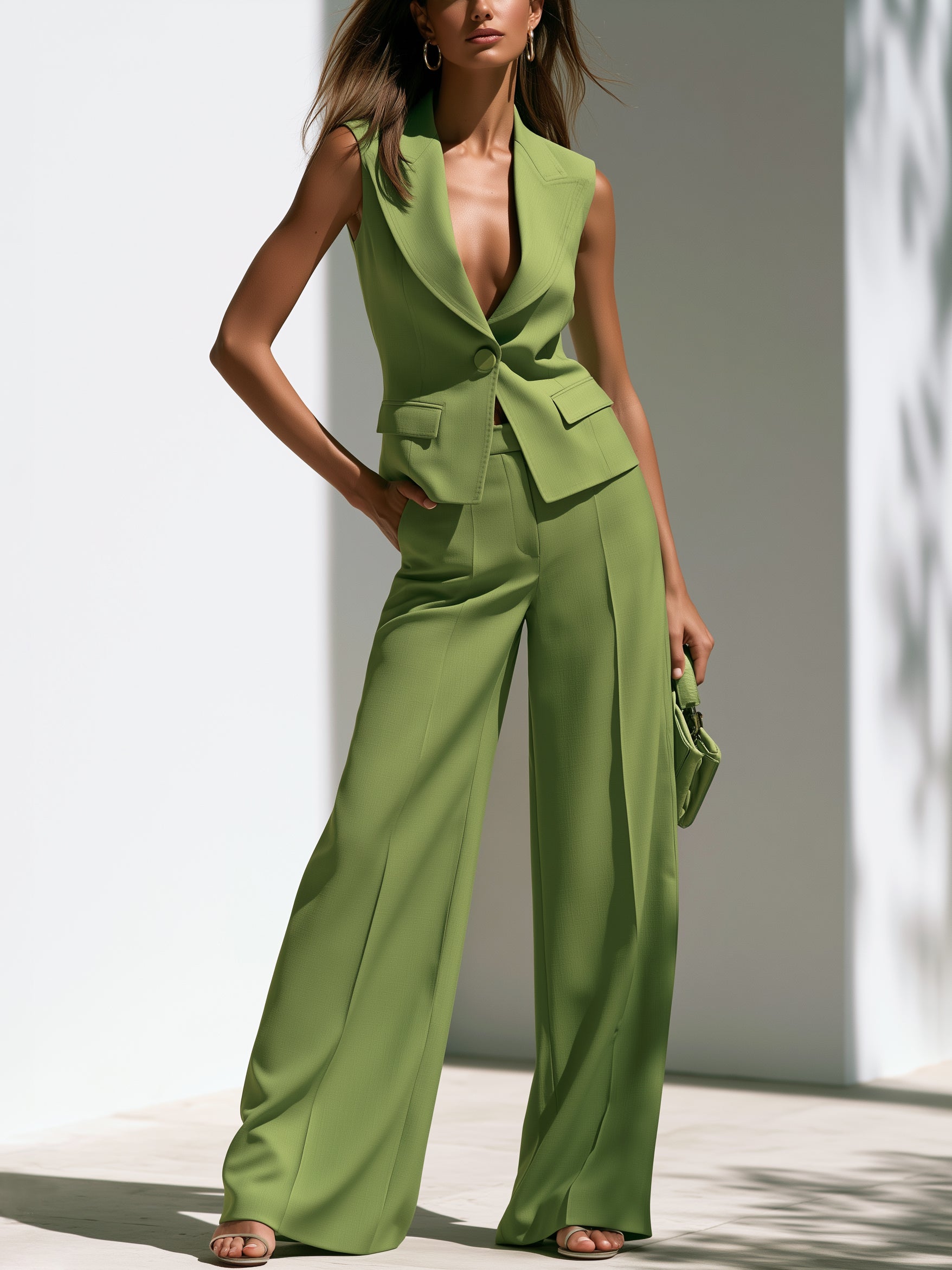 Olive Green Tailored Vest & Wide-Leg Suit Set