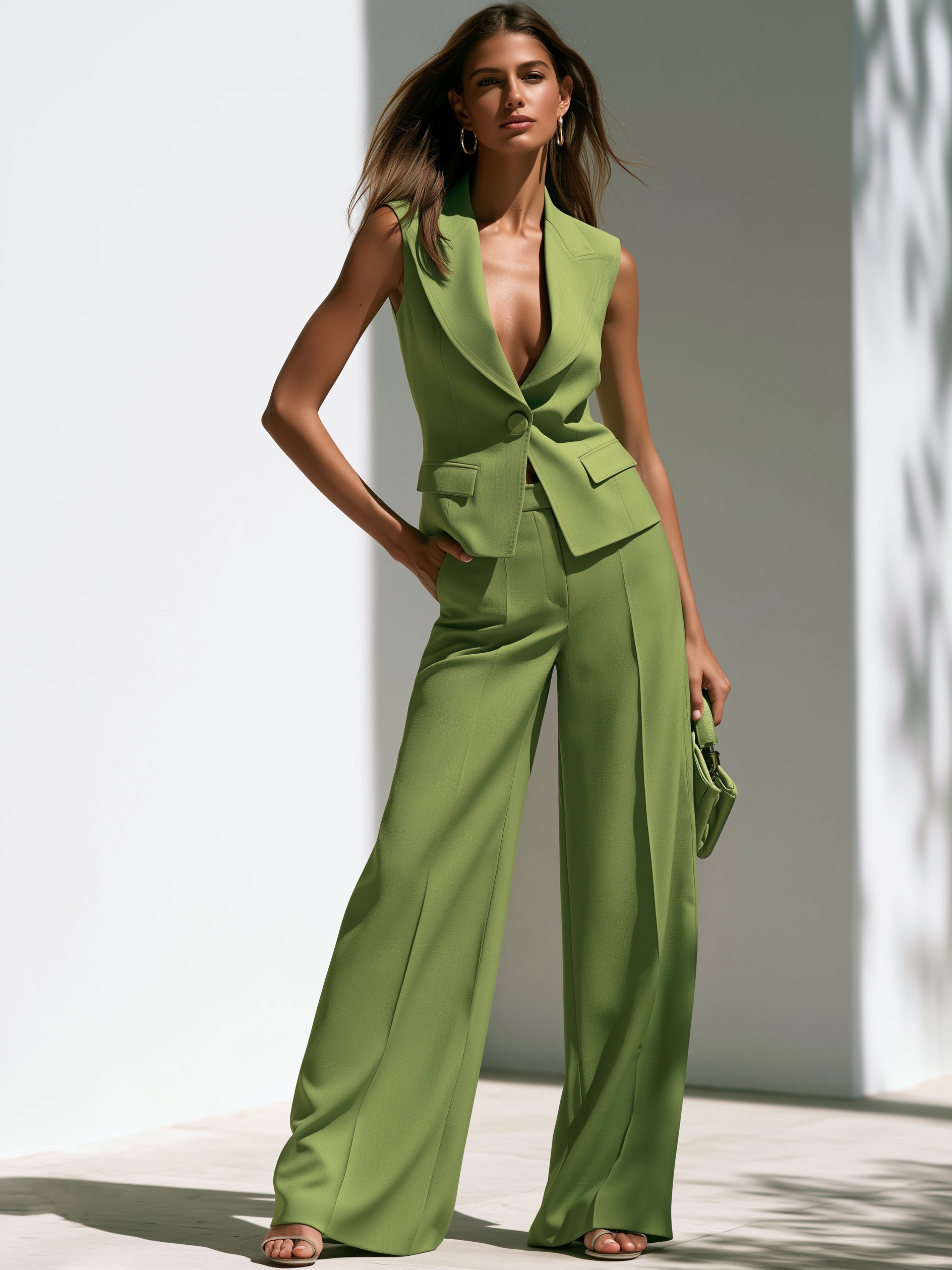 Olive Green Tailored Vest & Wide-Leg Suit Set