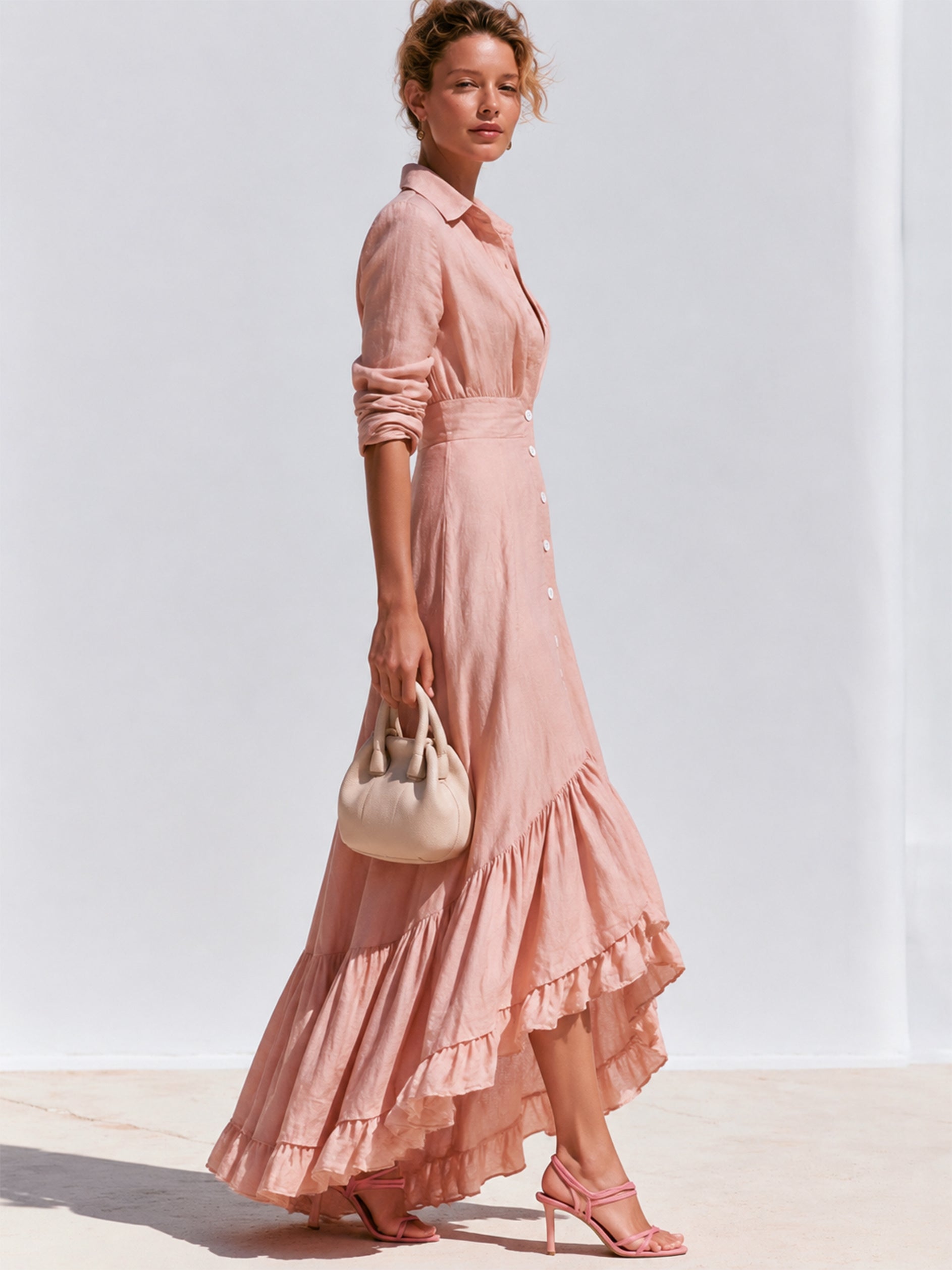 Elegant Linen Asymmetric Ruffle Maxi Dress
