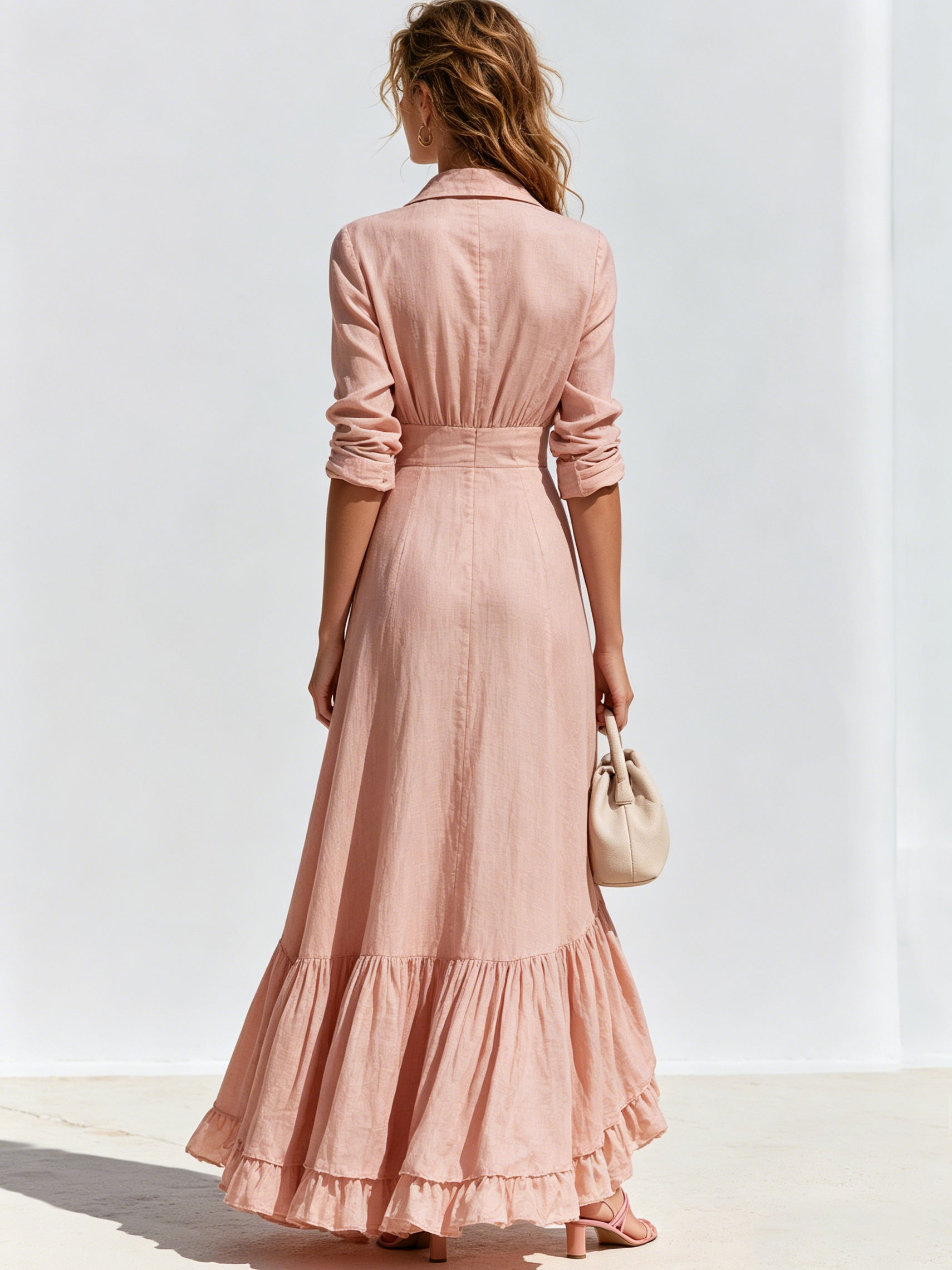 Elegant Linen Asymmetric Ruffle Maxi Dress