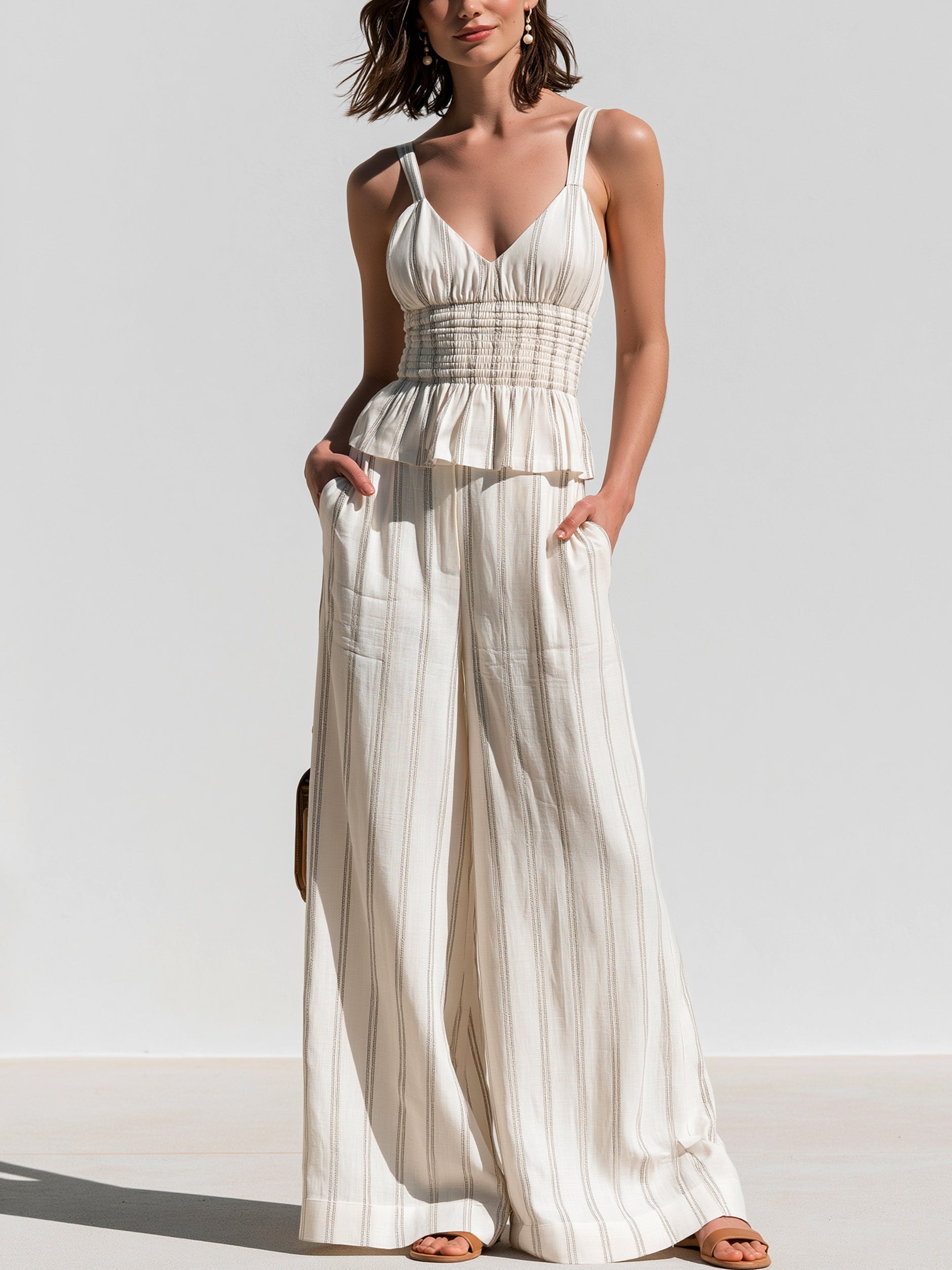 Elegant Adjustable Strap Striped Camisole & High-Rise Pants Set