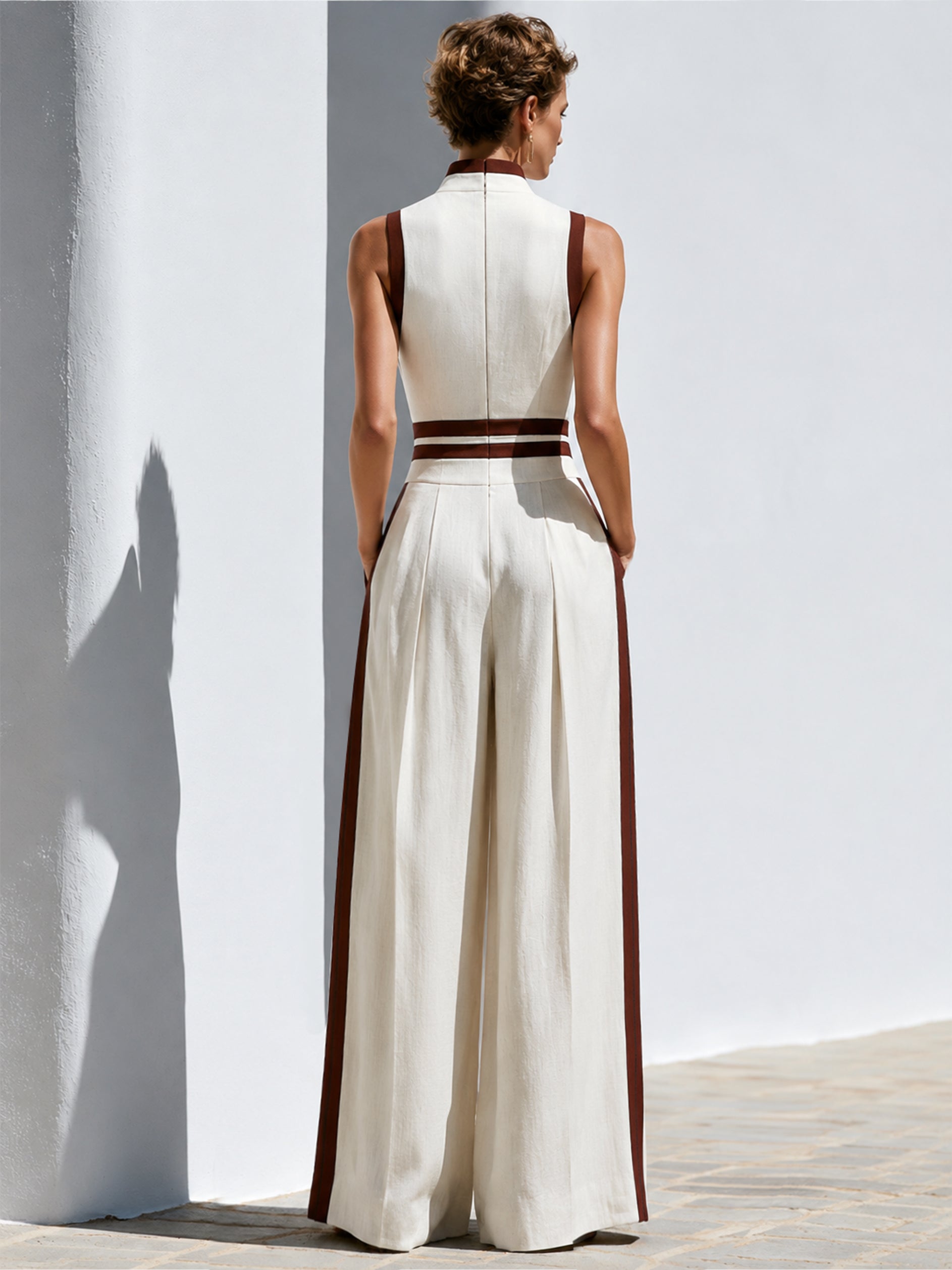 Timeless Linen Cream Contrast Trim Sleeveless Jumpsuit