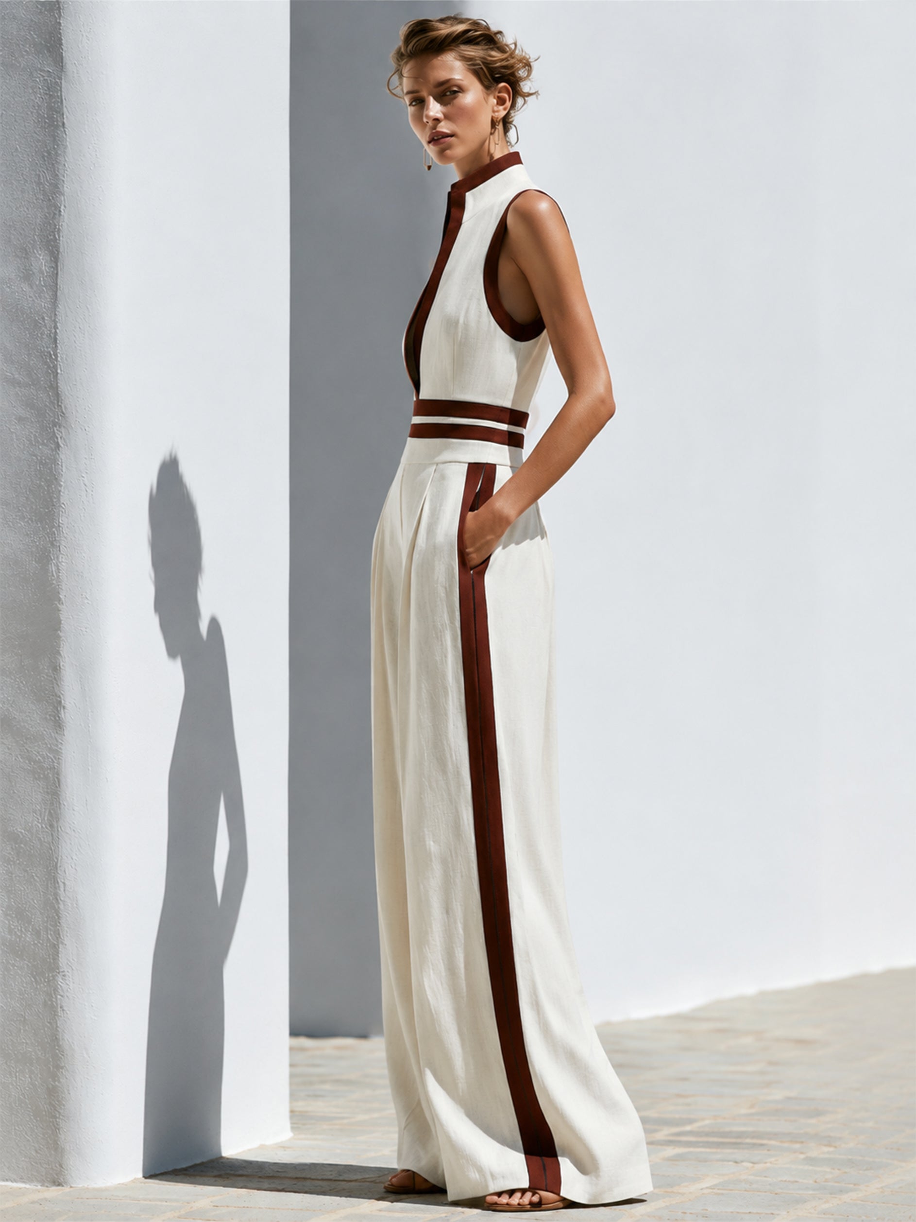 Timeless Linen Cream Contrast Trim Sleeveless Jumpsuit