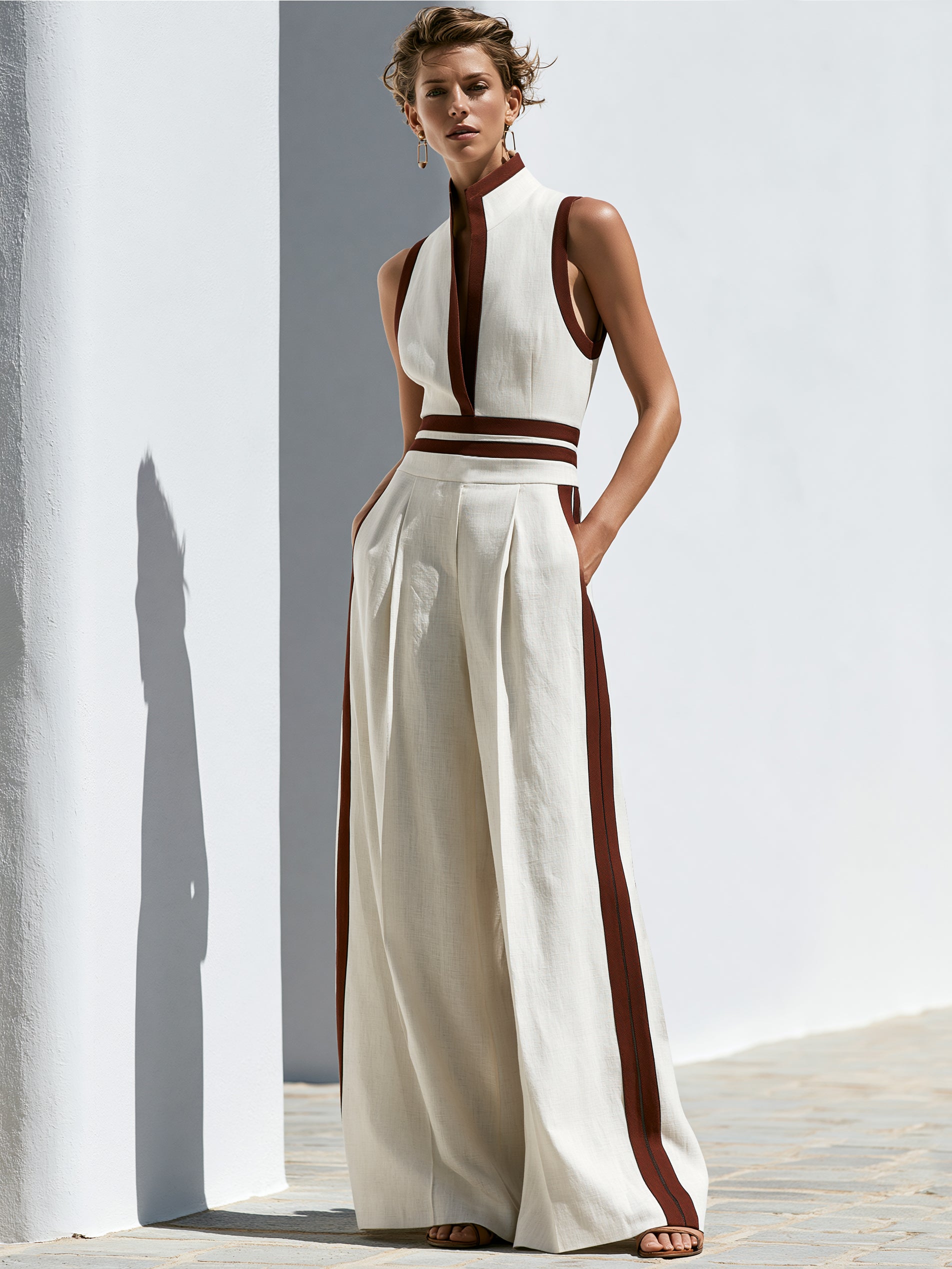 Timeless Linen Cream Contrast Trim Sleeveless Jumpsuit