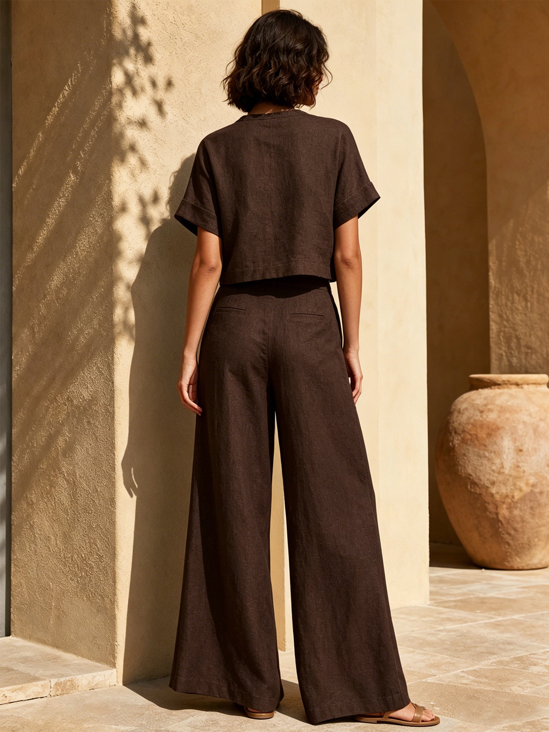 Timeless Brown Linen Short Sleeve Top & High Waist Trousers Set