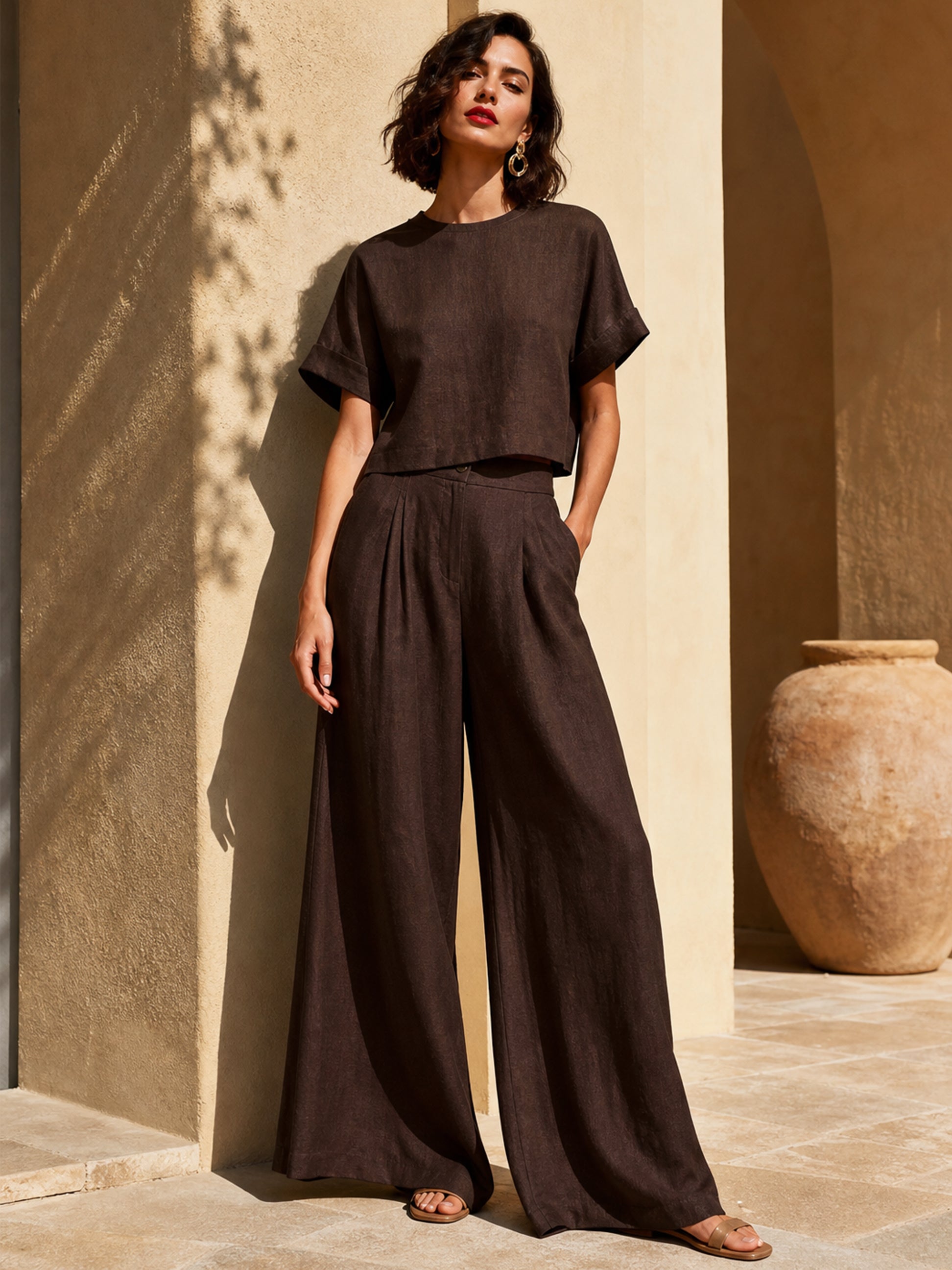Timeless Brown Linen Short Sleeve Top & High Waist Trousers Set