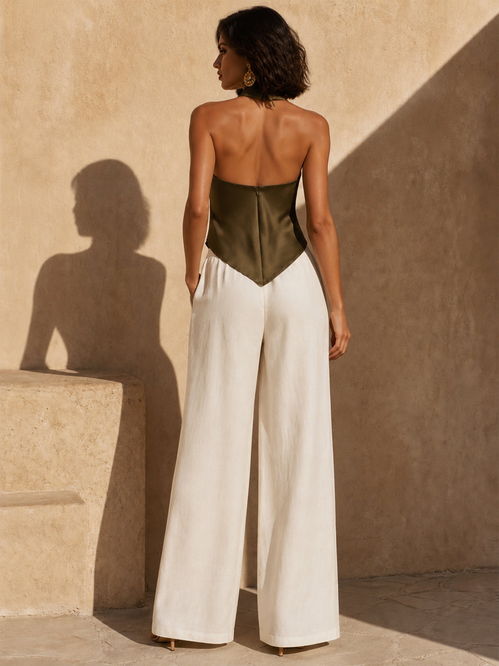 Elegant Cowl Neck Satin Top & Wide Leg Pants Set