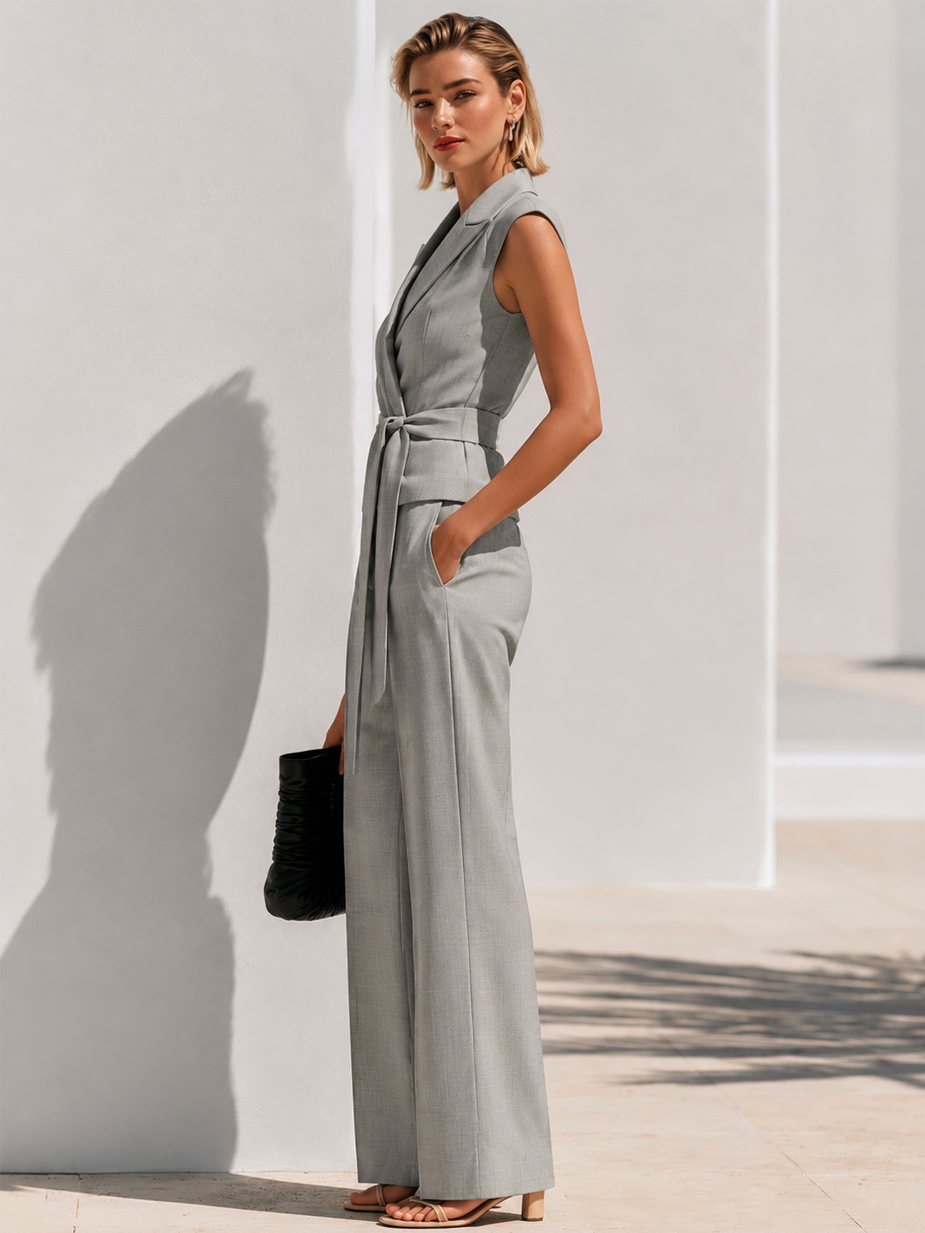 Heather Grey Sleeveless Wrap Waistcoat & Tailored Trousers Set