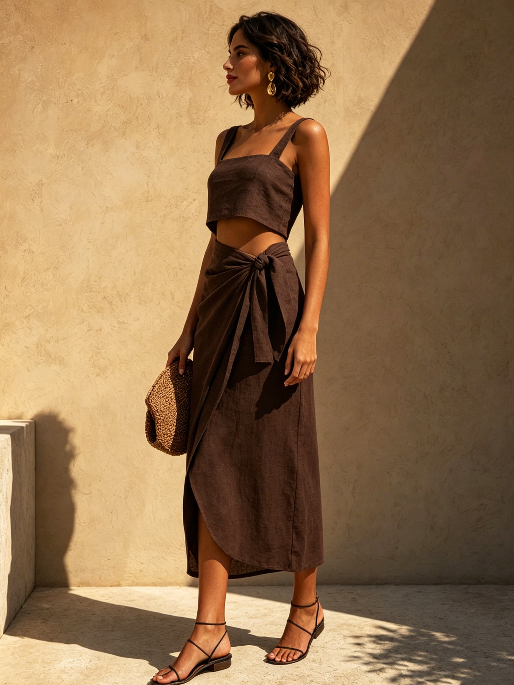 Brown Cotton Linen Crop Top & Asymmetric Wrap Midi Skirt Set