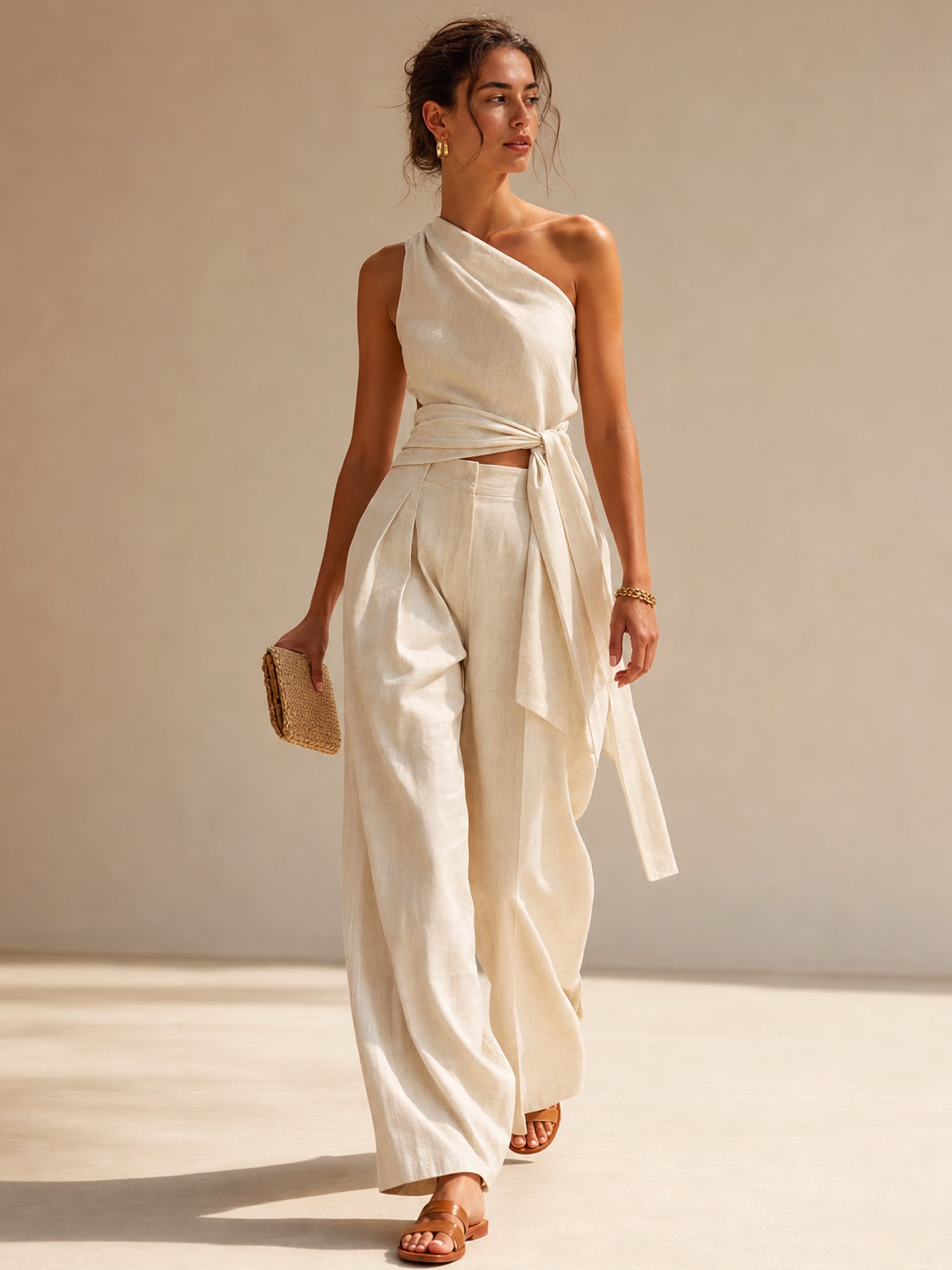 Elegant Linen One Shoulder Top &Wide Leg Pants Set