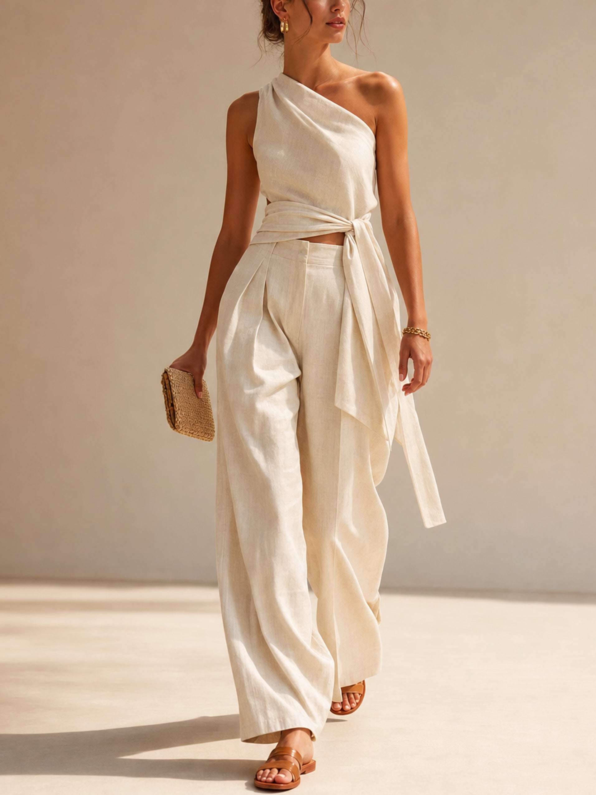 Elegant Linen One Shoulder Top &Wide Leg Pants Set