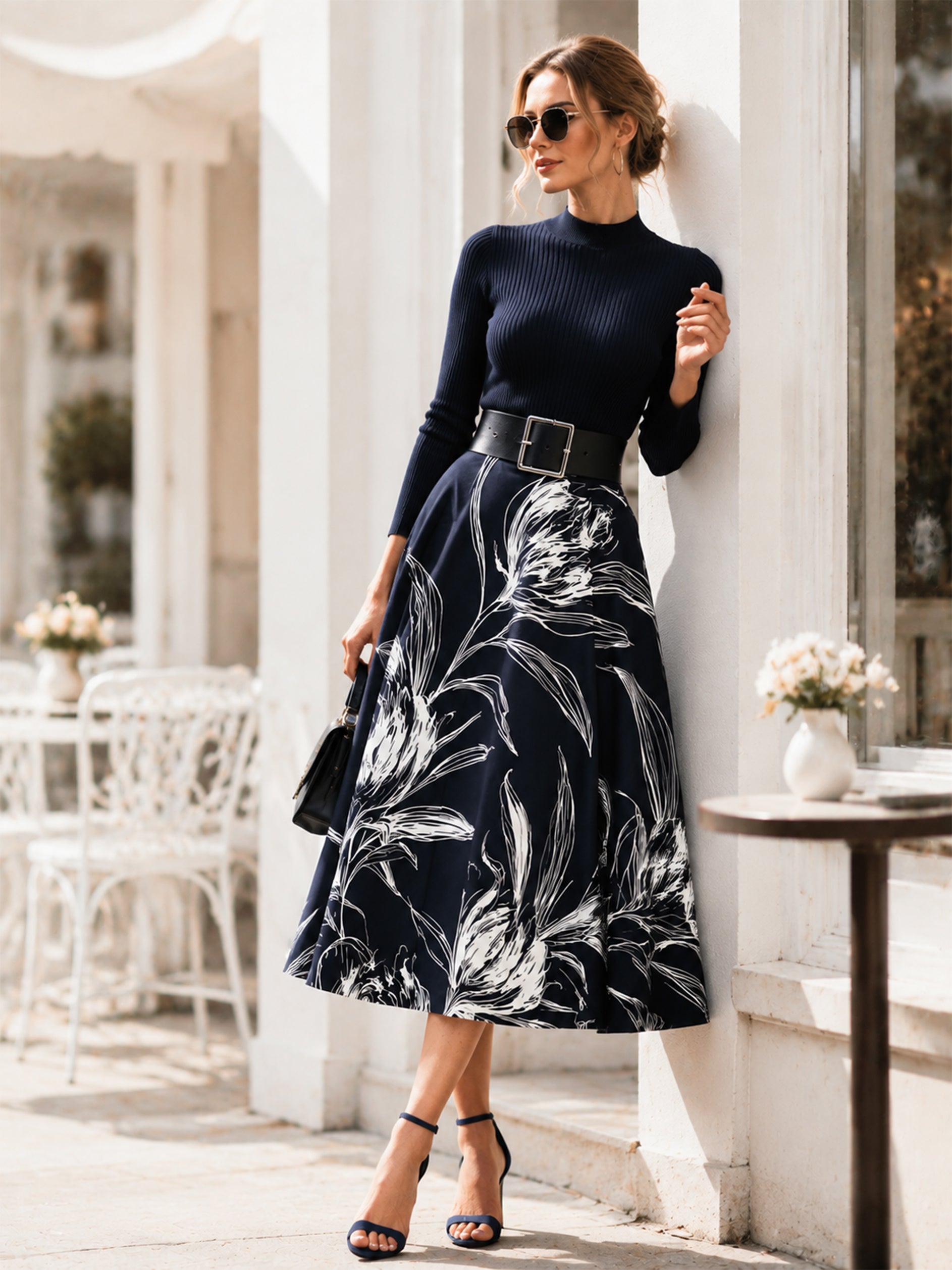 Elegant Contrast Floral Print Suit:Mock Neck Knit Blouse And Flared Midi Skirt