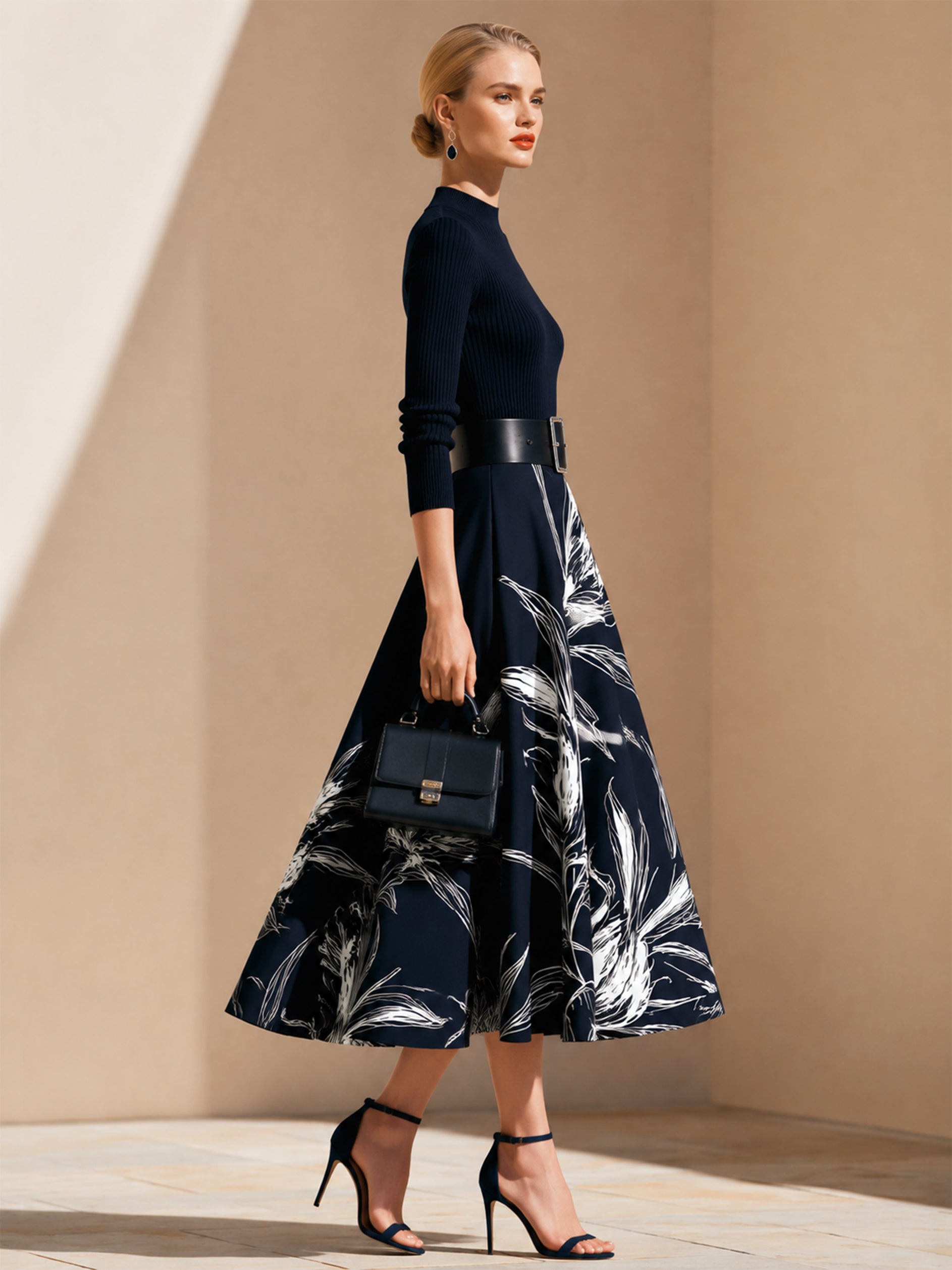 Elegant Contrast Floral Print Suit:Mock Neck Knit Blouse And Flared Midi Skirt