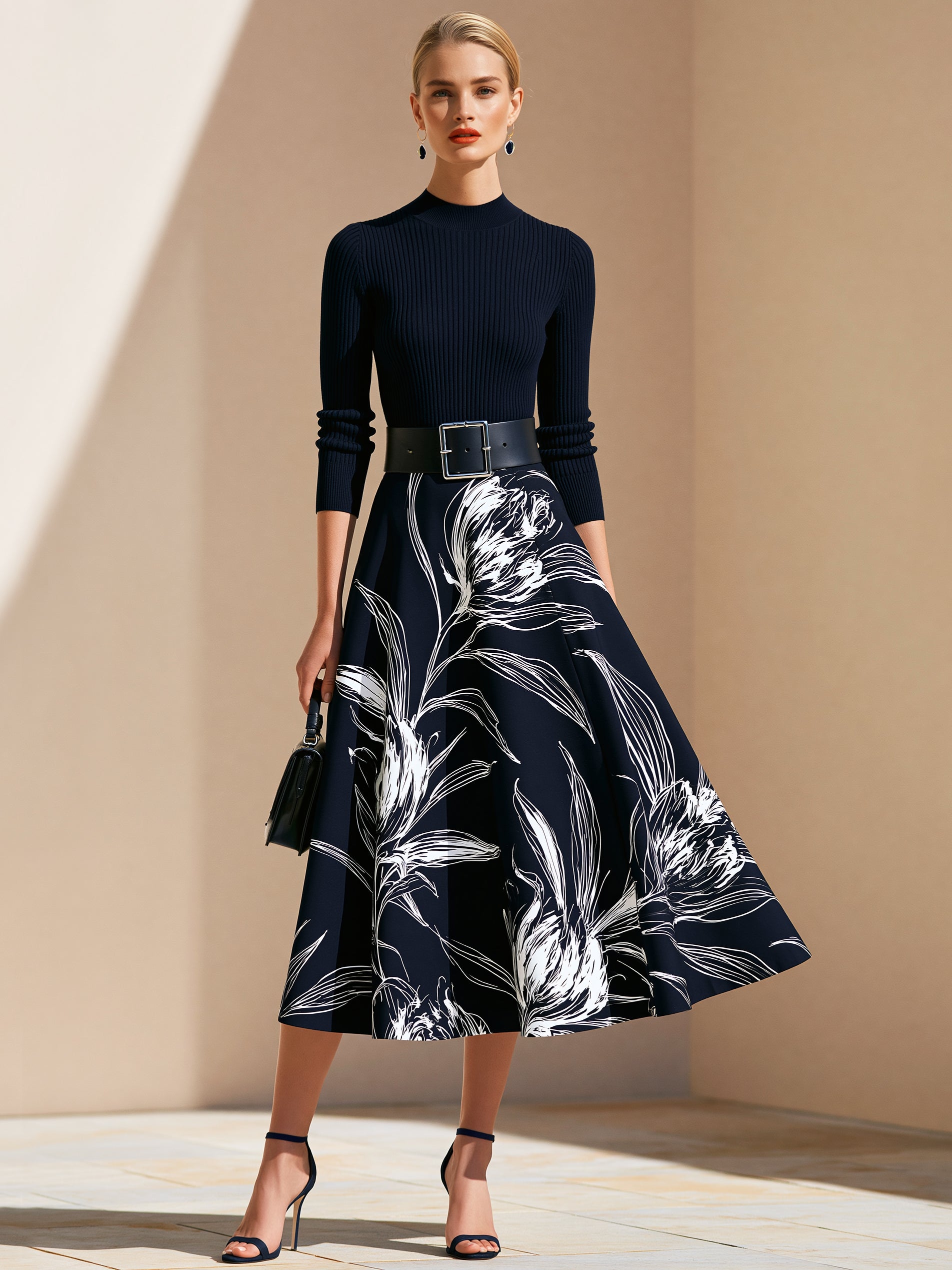 Elegant Contrast Floral Print Suit:Mock Neck Knit Blouse And Flared Midi Skirt