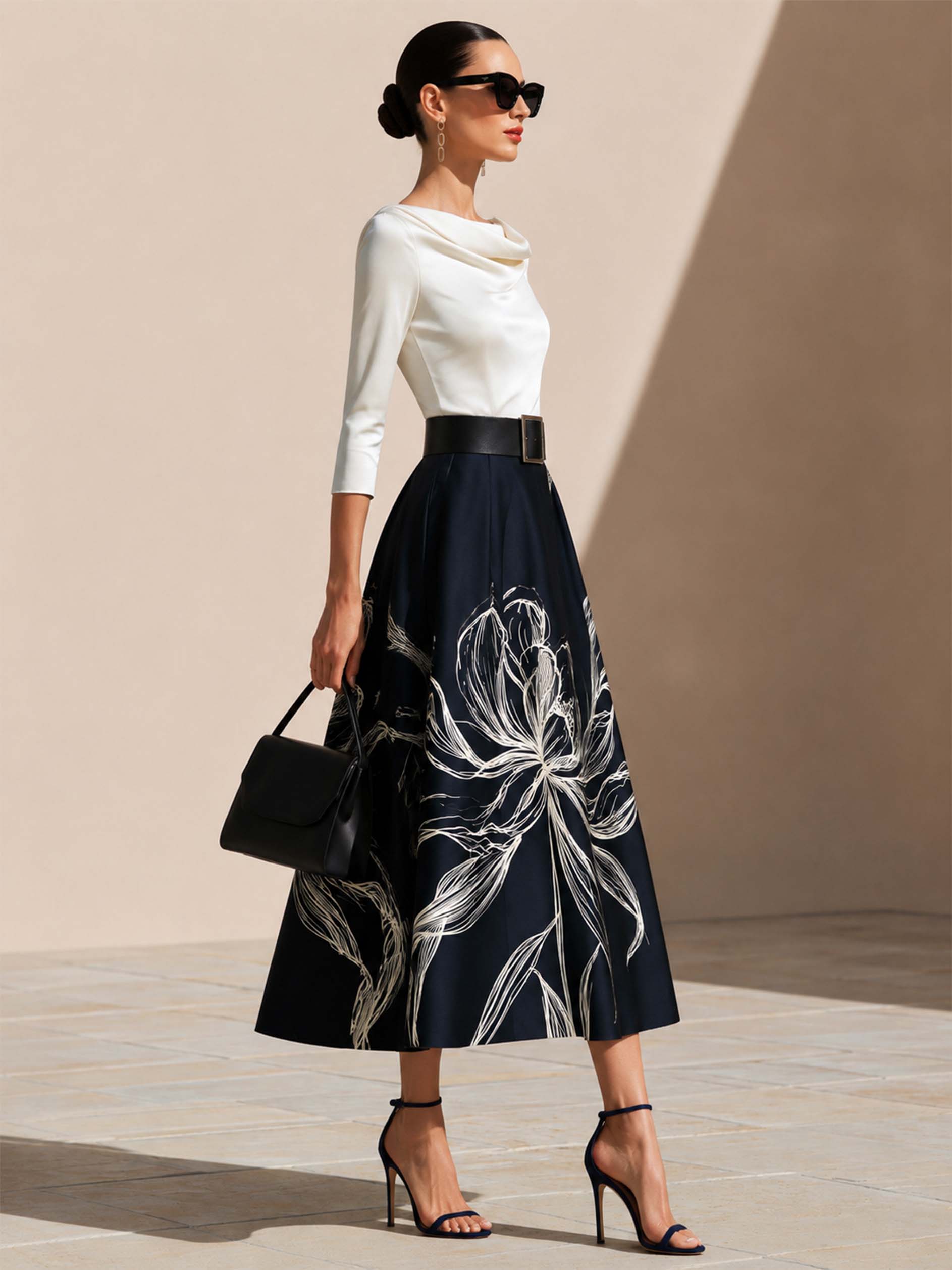 Elegant Cowl Neck Satin Top Floral Full Flare Midi Skirt Suit