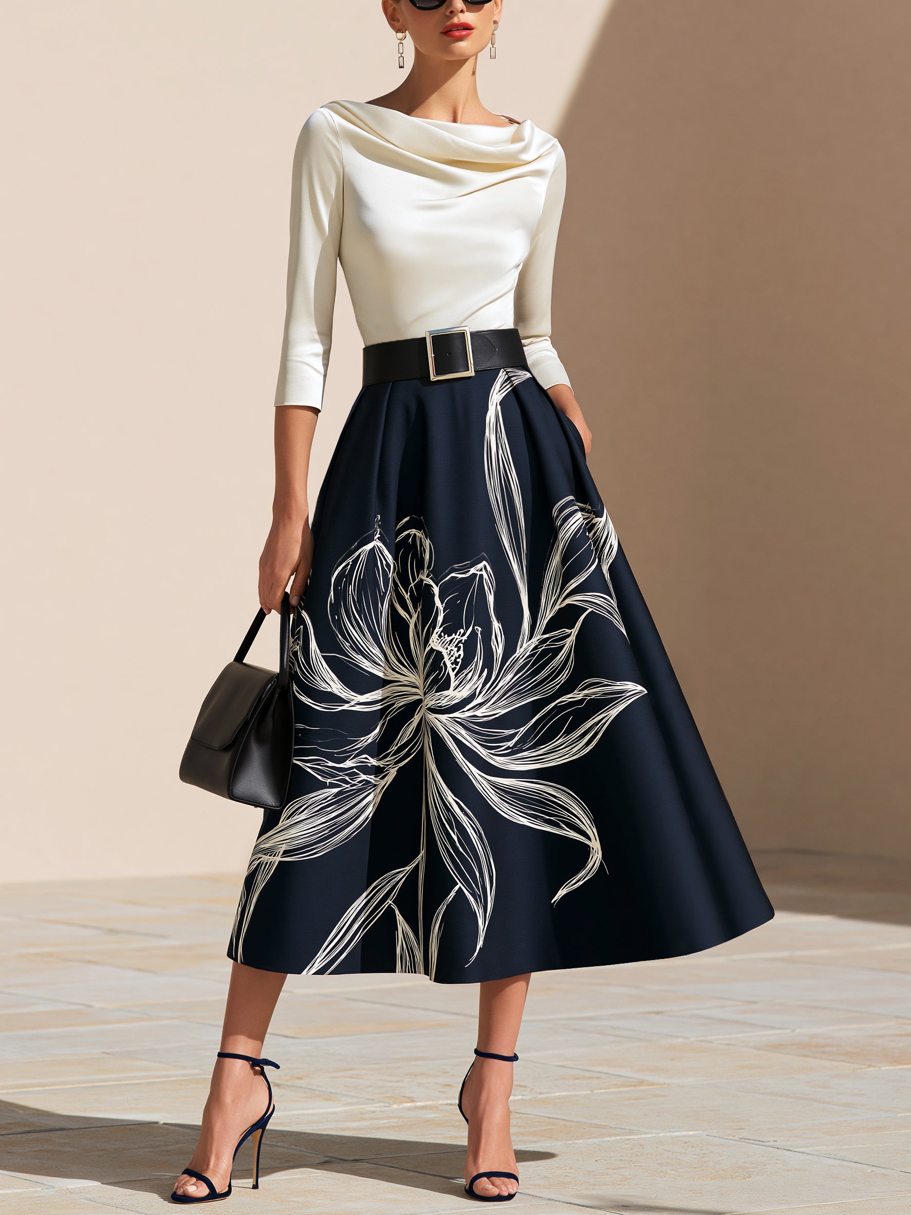 Elegant Cowl Neck Satin Top Floral Full Flare Midi Skirt Suit