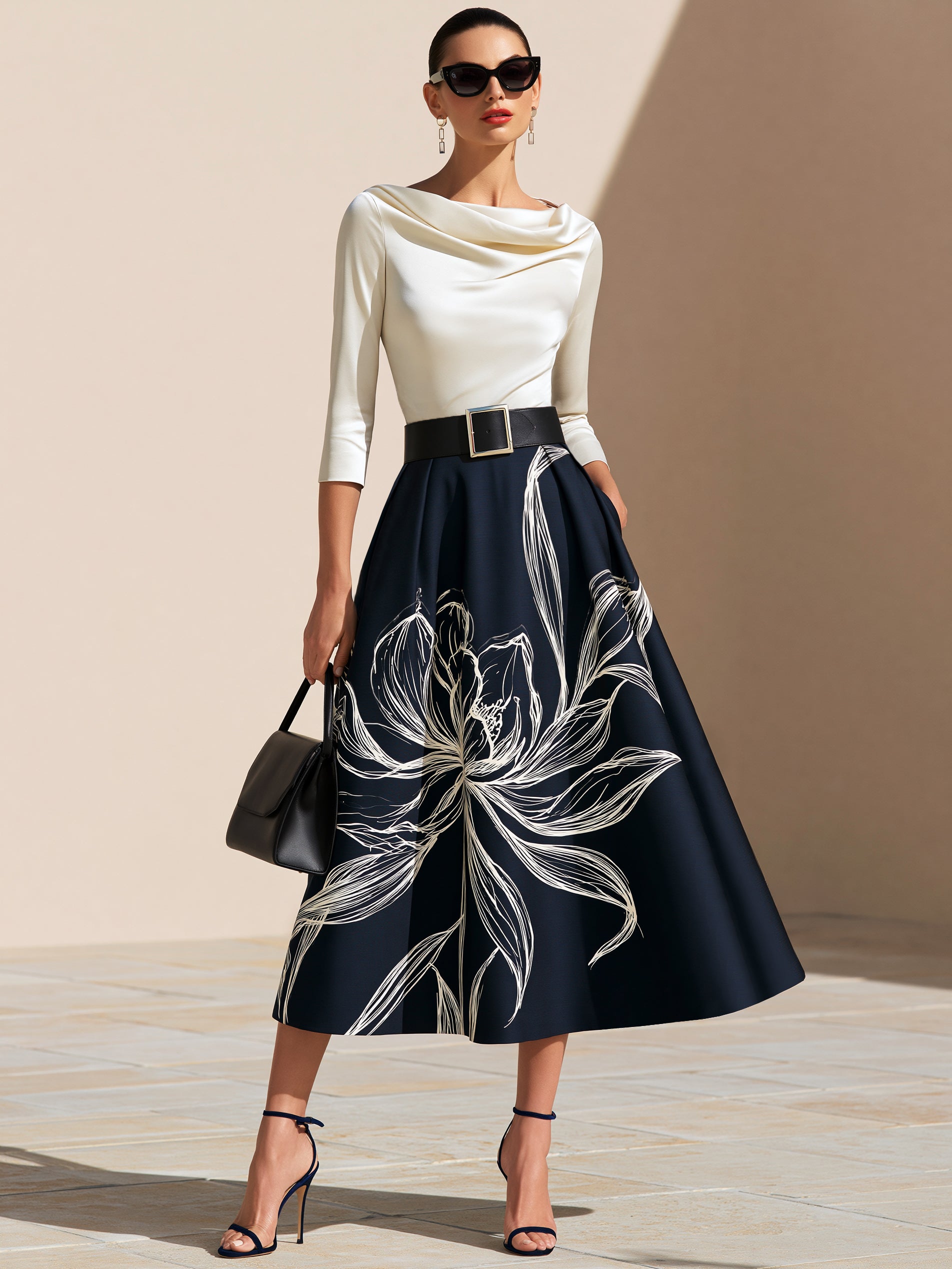 Elegant Cowl Neck Satin Top Floral Full Flare Midi Skirt Suit