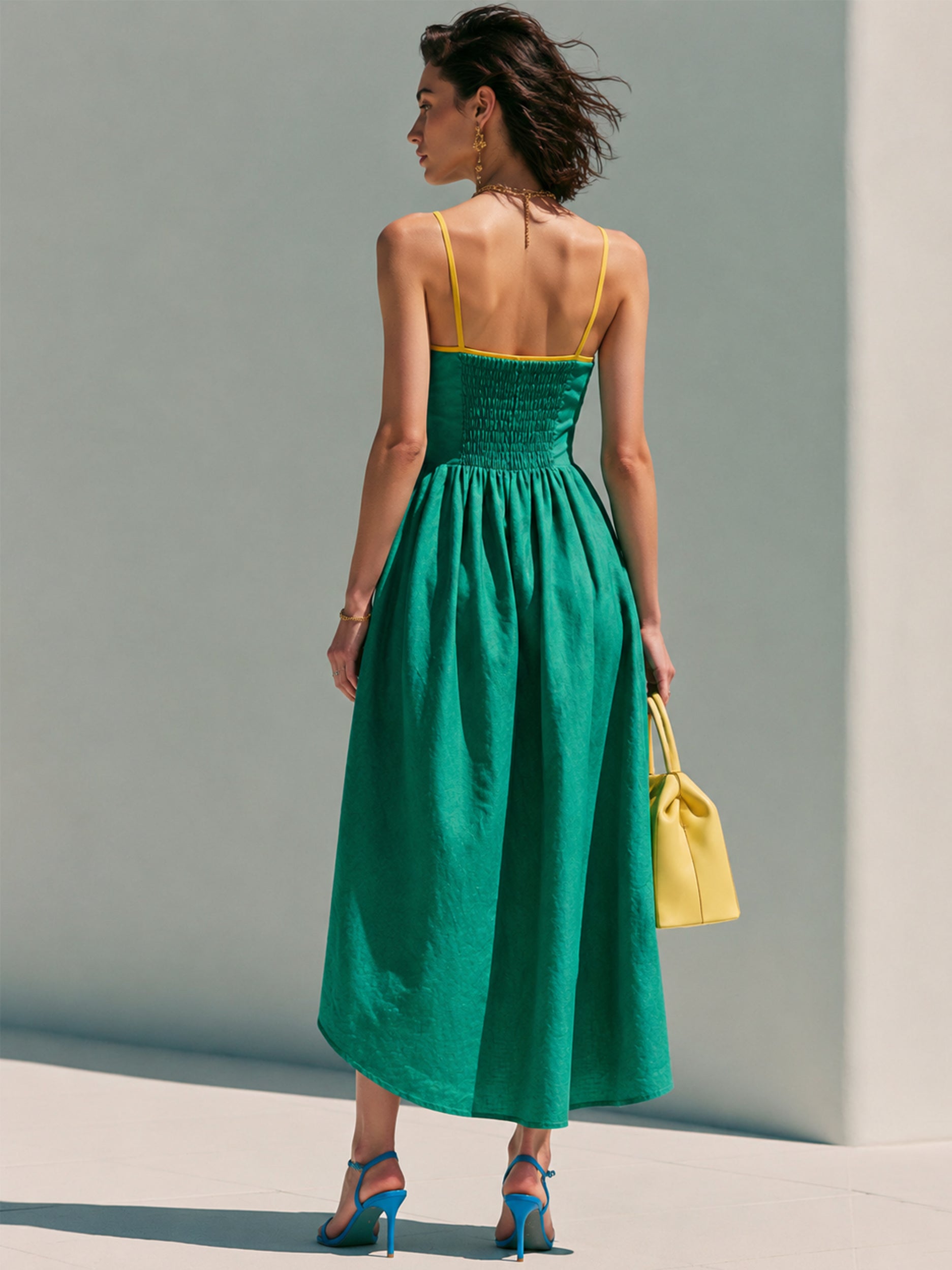 Emerald Green Linen Yellow Spaghetti Straps Smocked Midi Dress