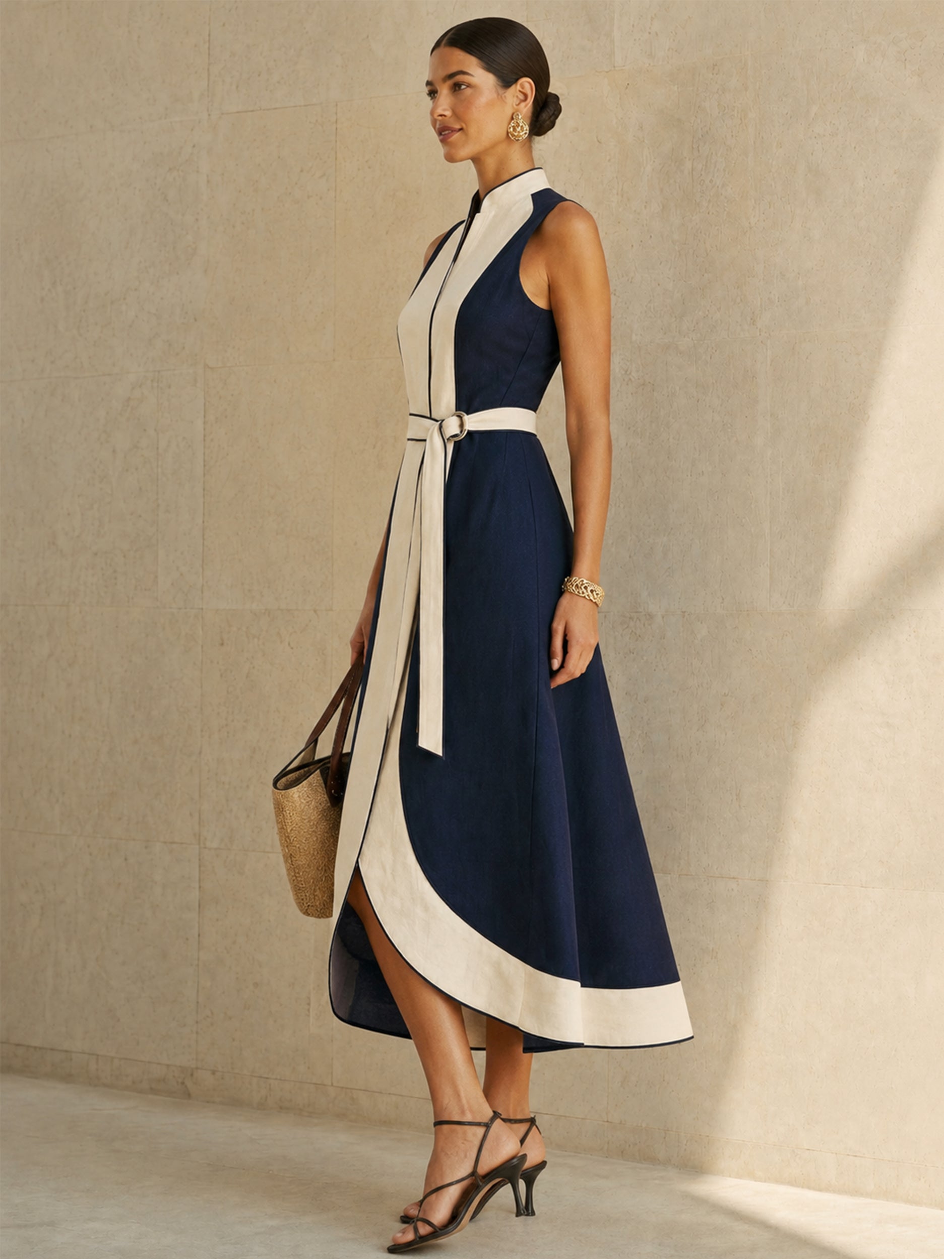Elegant Contrast Trim Linen Midi Dress With Detachable Belt