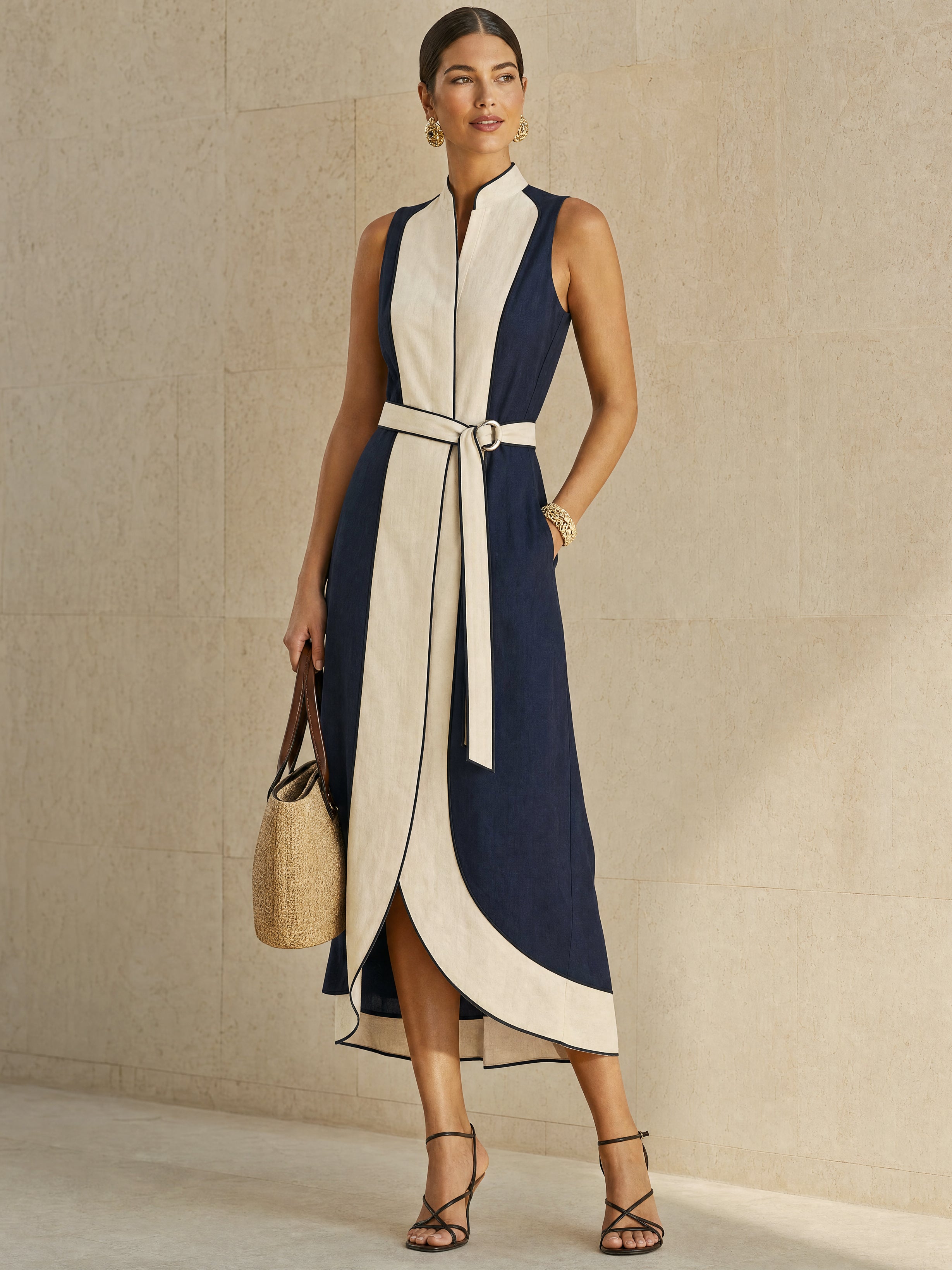 Elegant Contrast Trim Linen Midi Dress With Detachable Belt