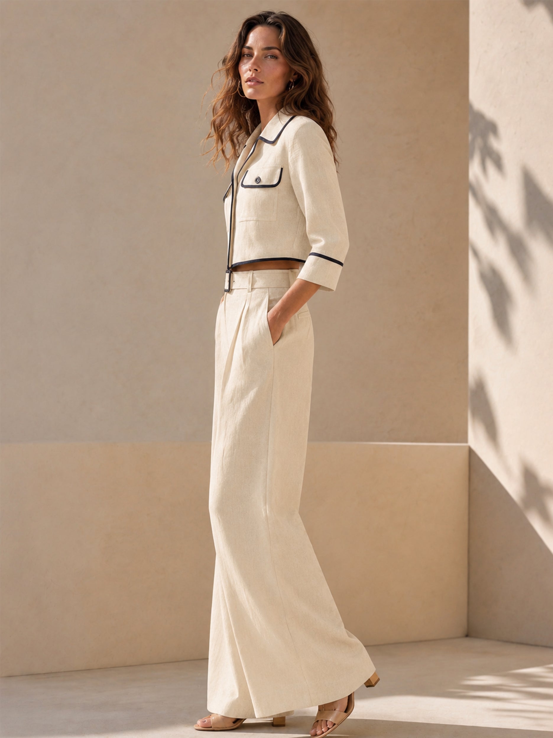 Natural Oat Linen Blazer AndWide Leg Trousers Suit