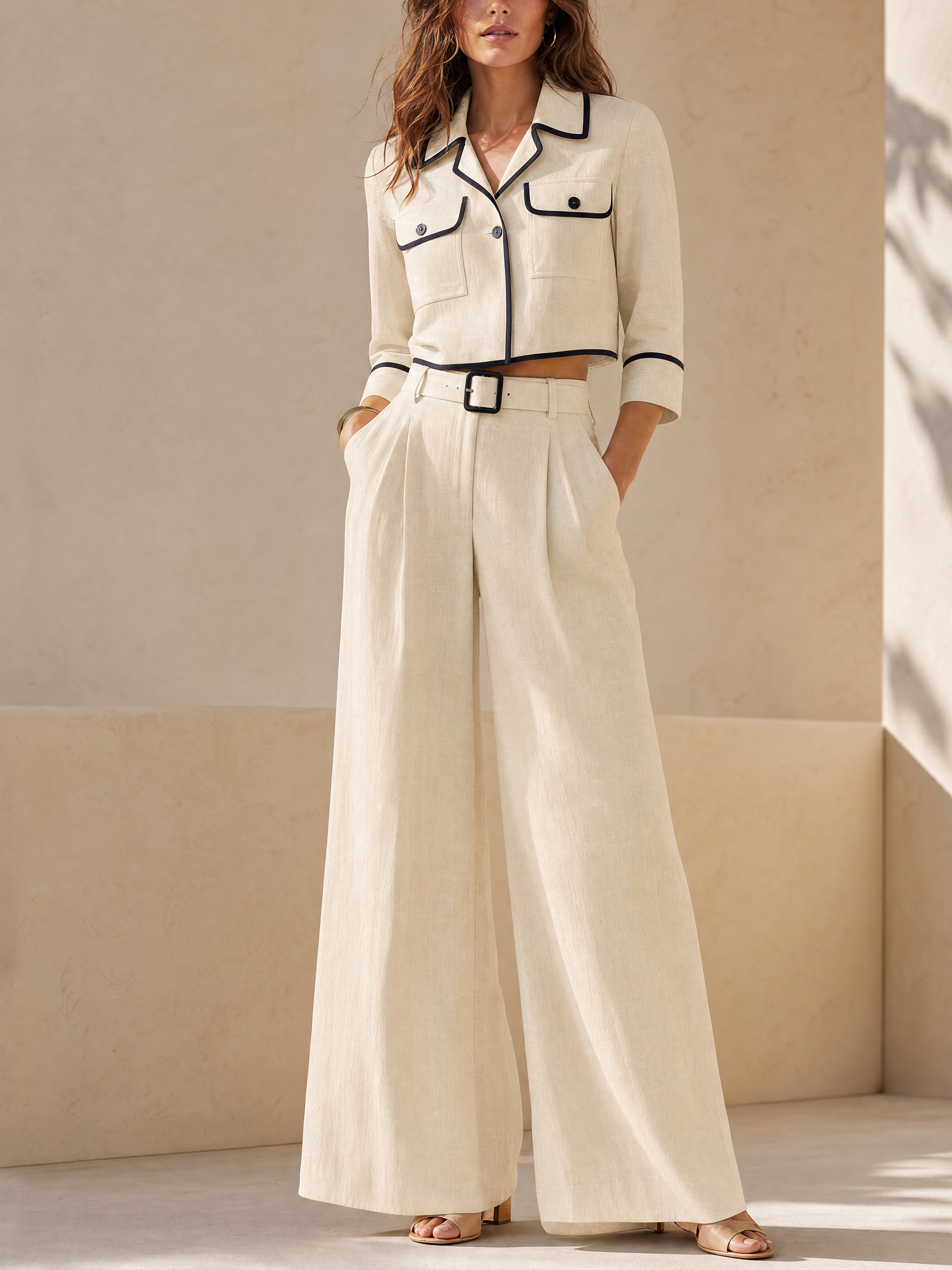 Natural Oat Linen Blazer AndWide Leg Trousers Suit