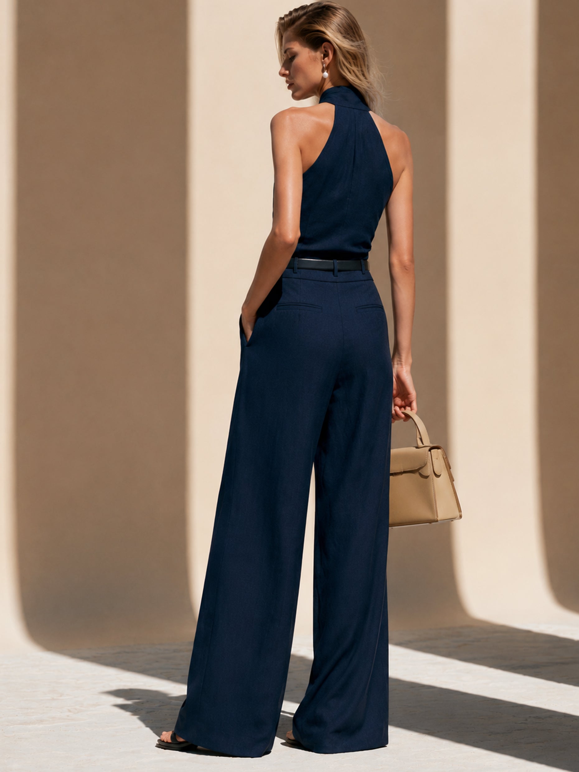 Midnight Navy Halter Jumpsuit With Buckle Belt