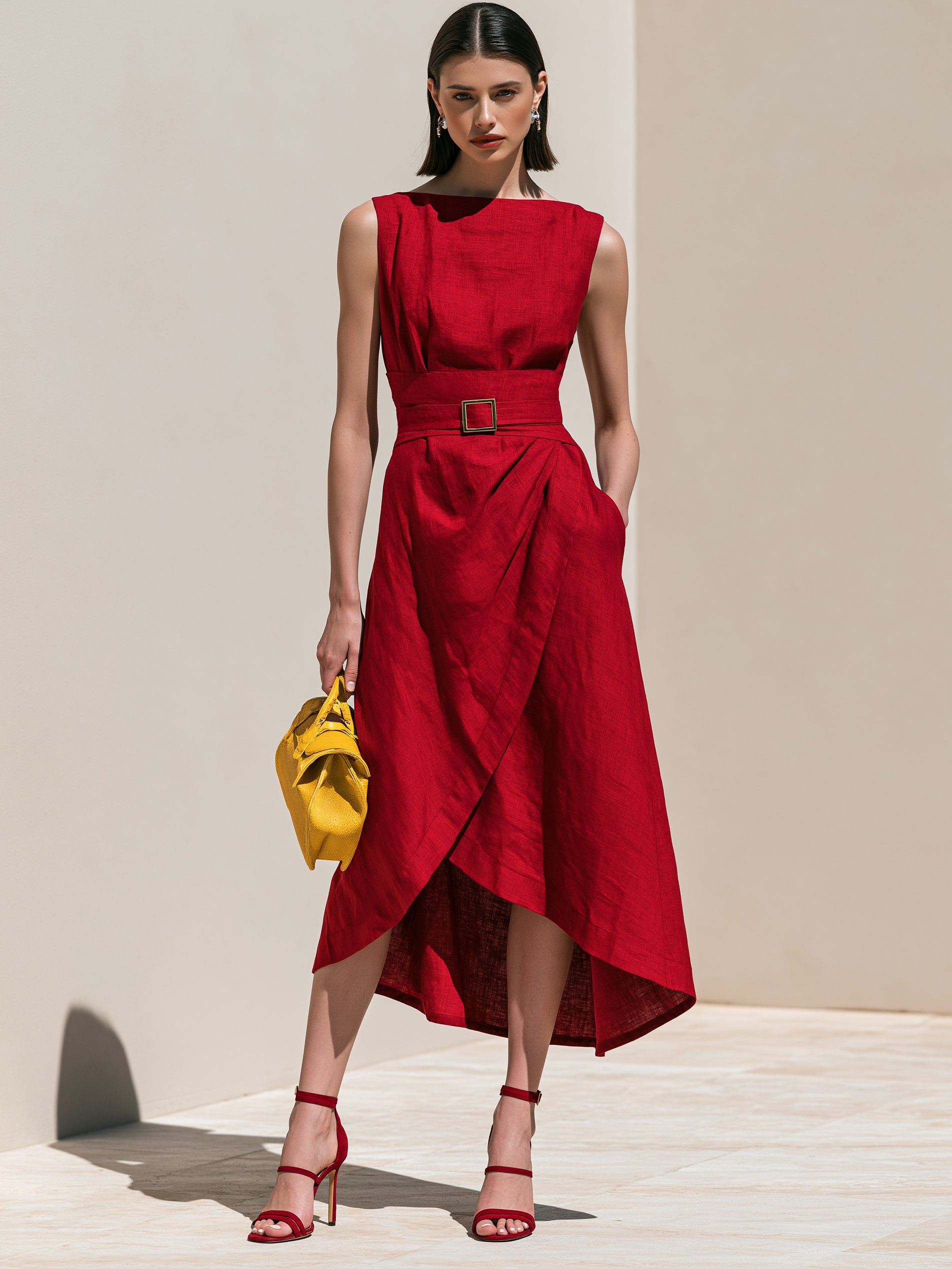 Scarlet Red Linen Sleeveless Asymmetric Hem Midi Dress