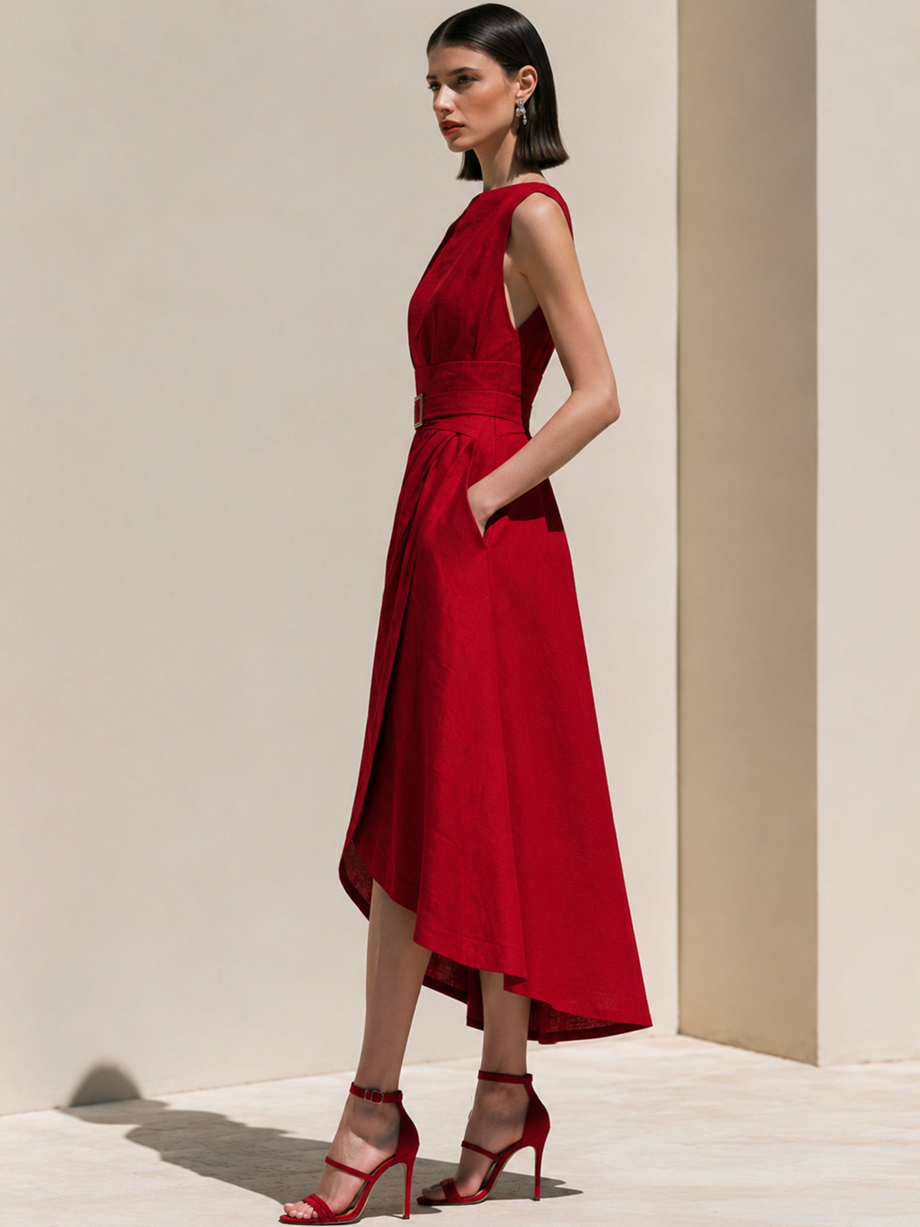 Scarlet Red Linen Sleeveless Asymmetric Hem Midi Dress