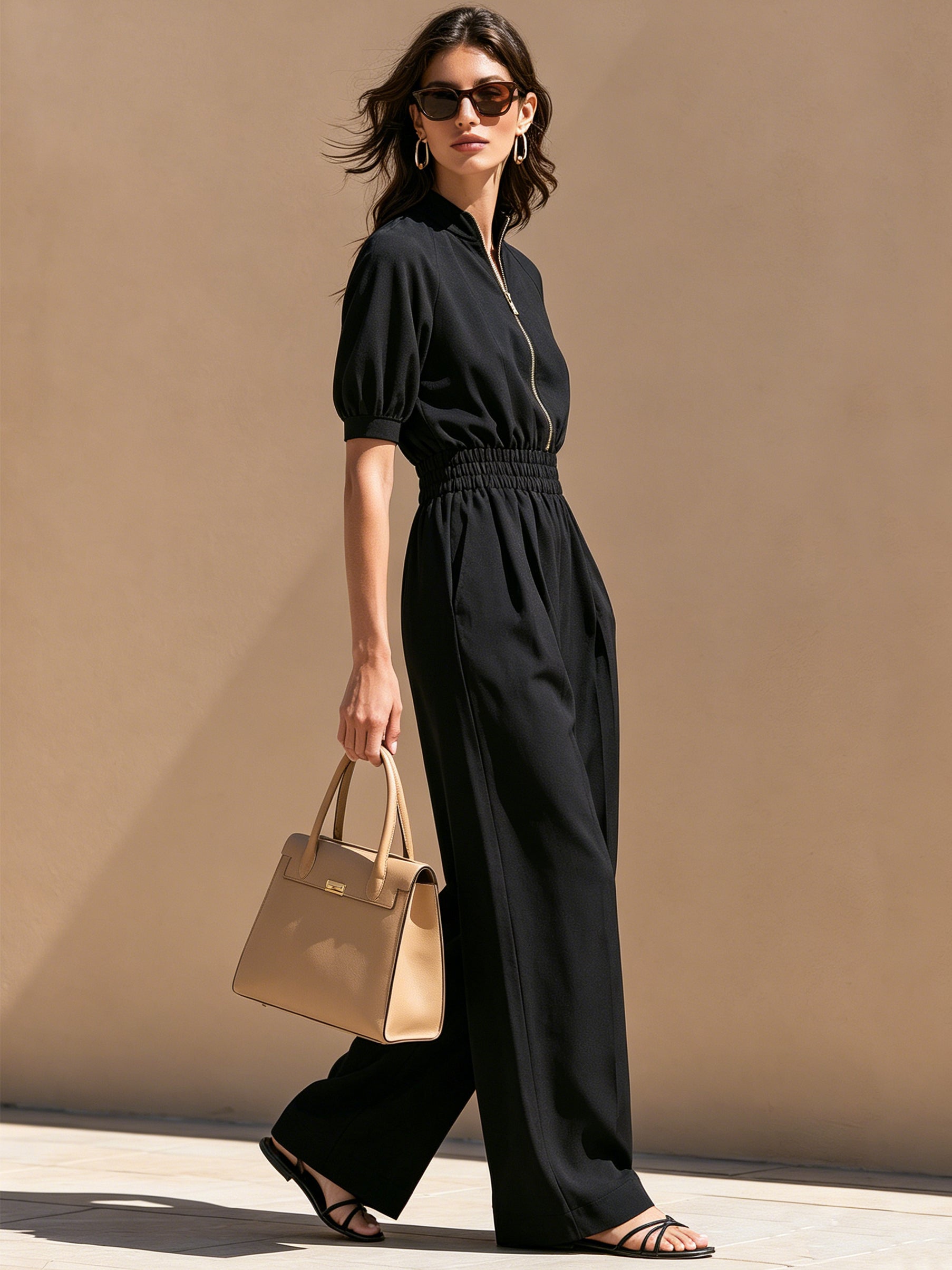 Black Stand Collar Zip Short Sleeve Tailored Jumpsuit