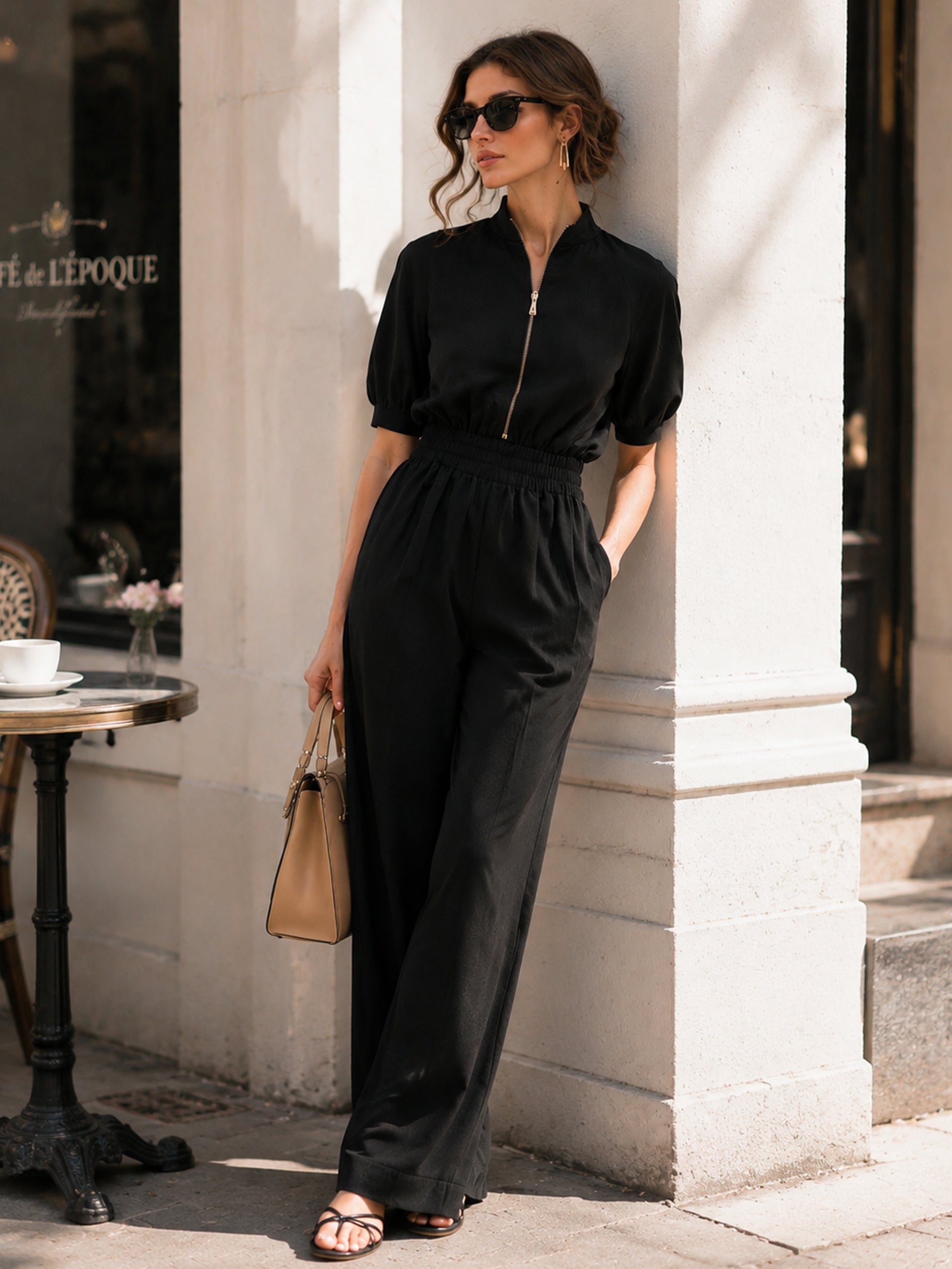 Black Stand Collar Zip Short Sleeve Tailored Jumpsuit