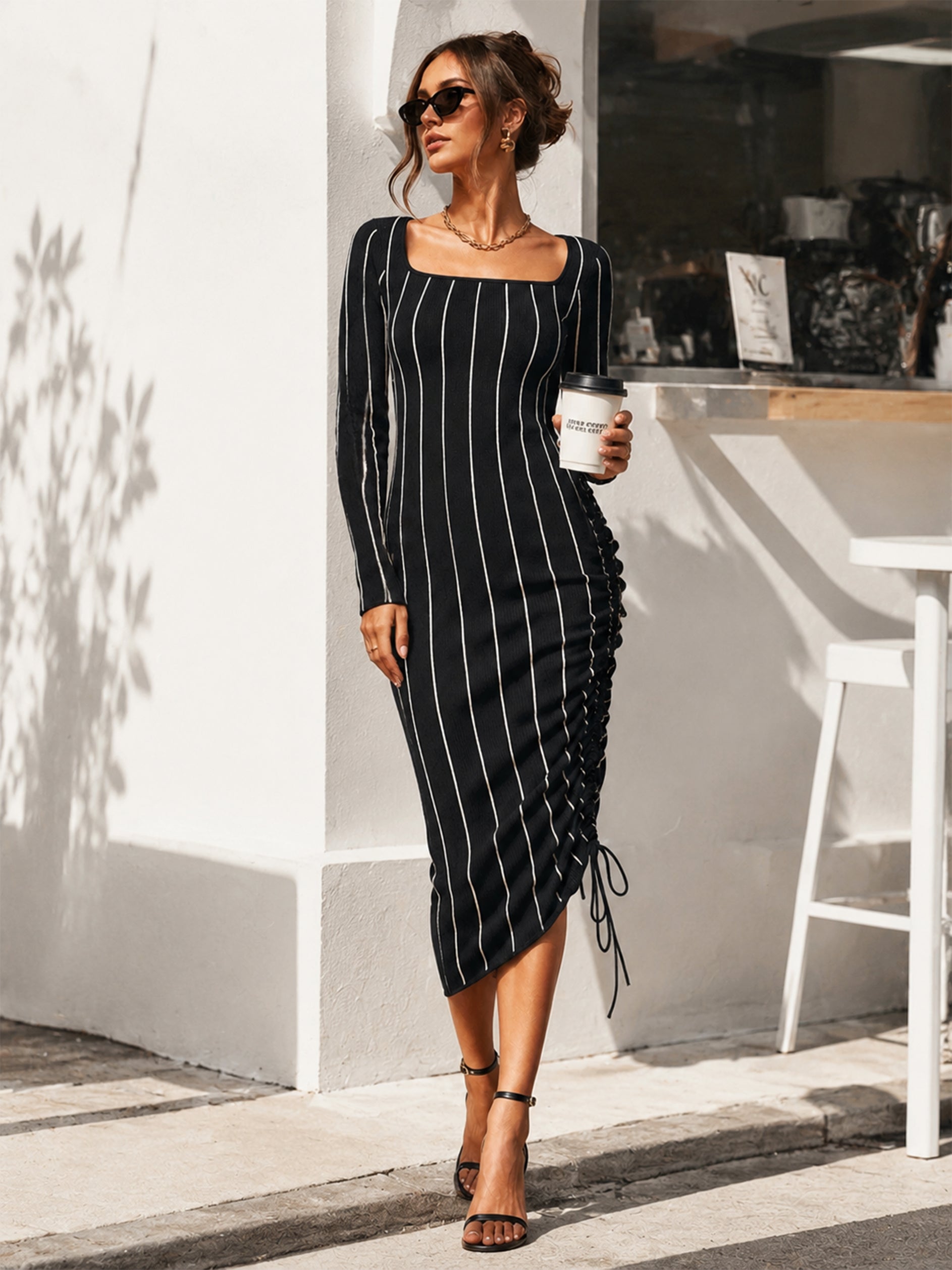 Black Elegant High-Stretch Striped Knit Midi Dress