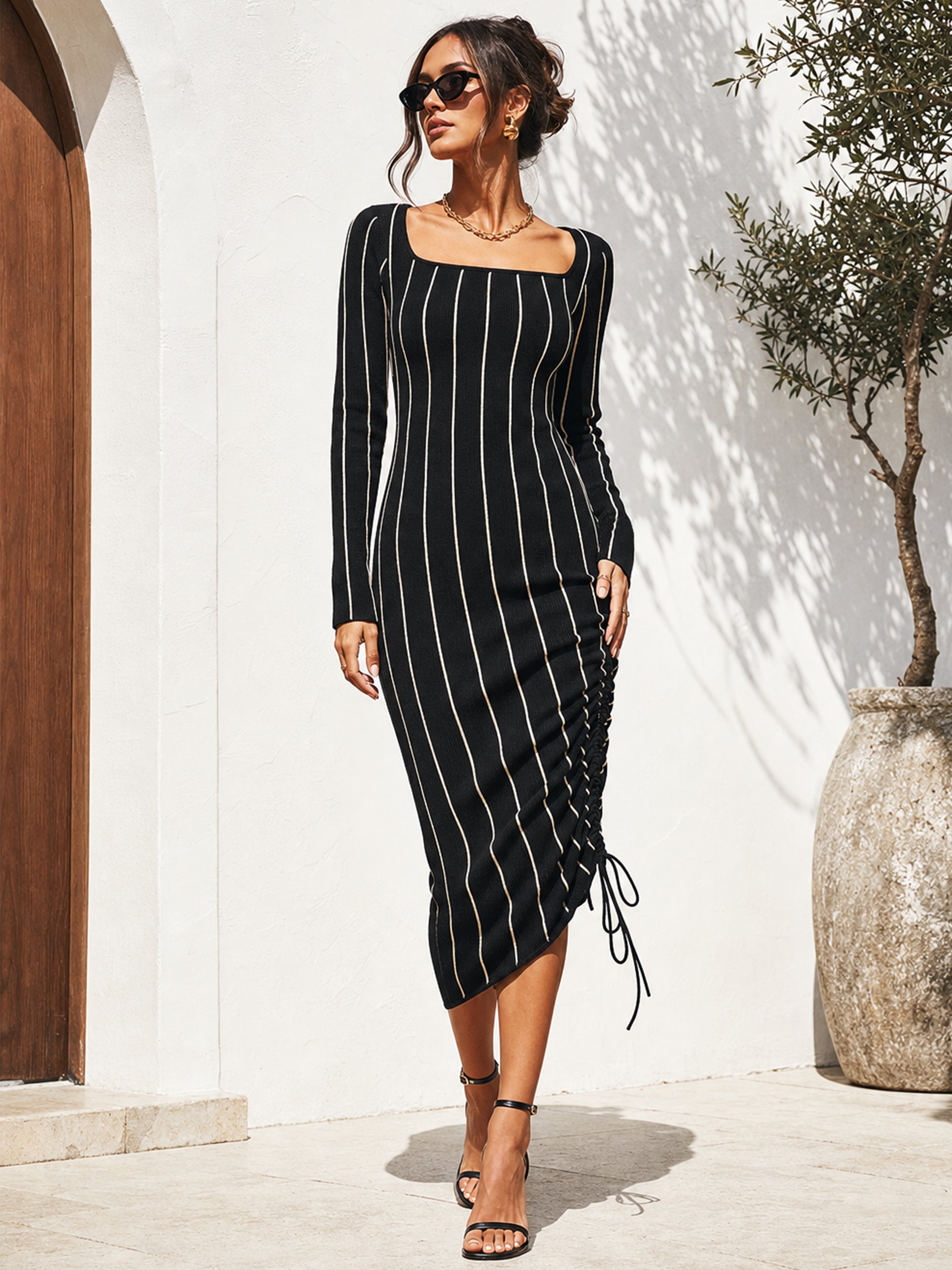 Black Elegant High-Stretch Striped Knit Midi Dress