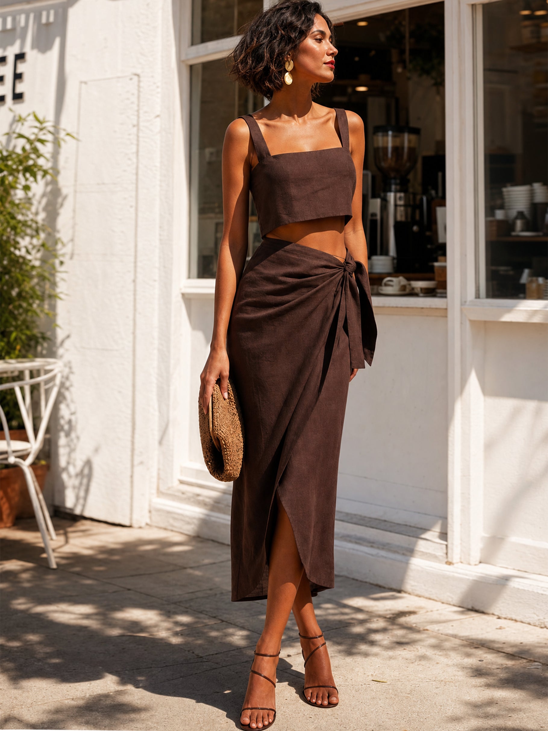 Brown Cotton Linen Crop Top & Asymmetric Wrap Midi Skirt Set