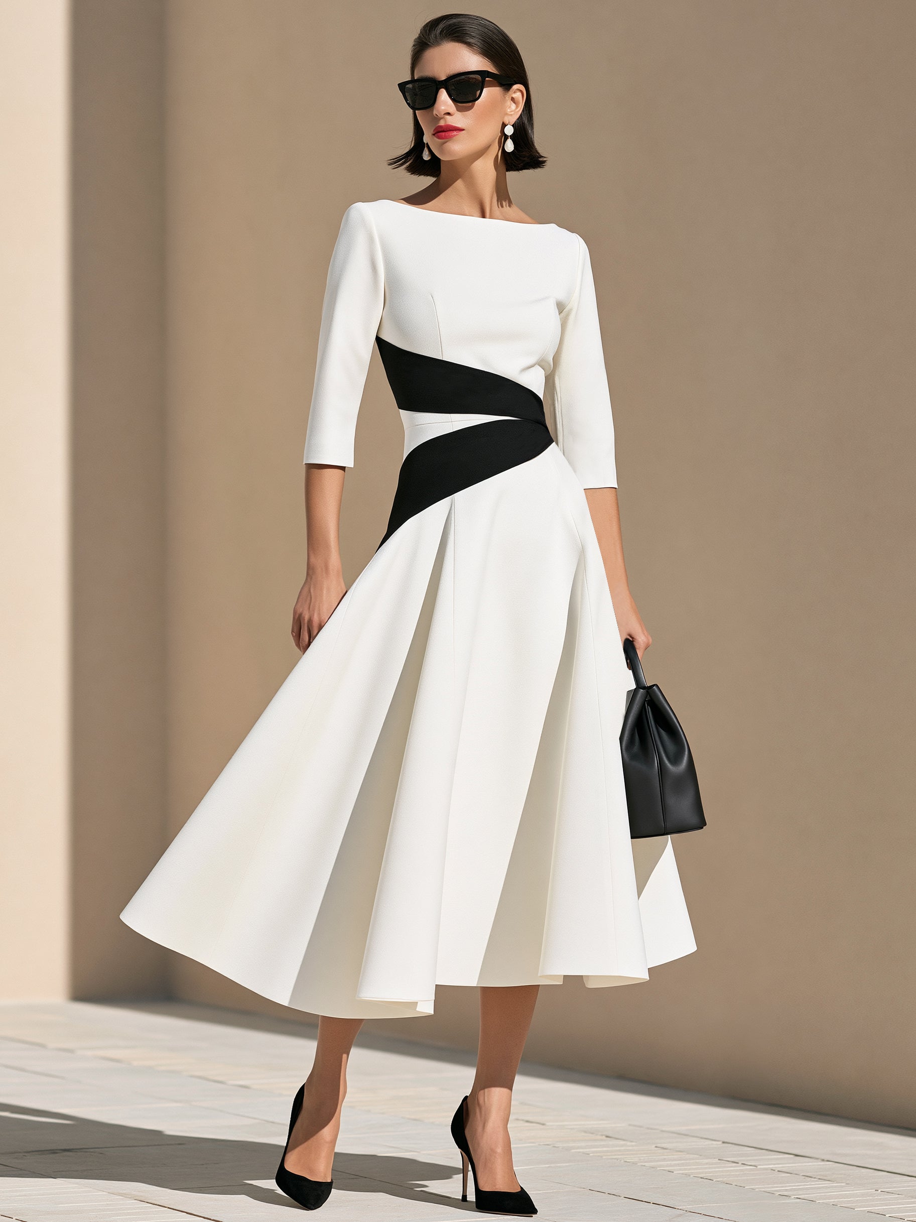 Elegant Contrast Boat Neck Elbow-Length Sleeves Midi Dress