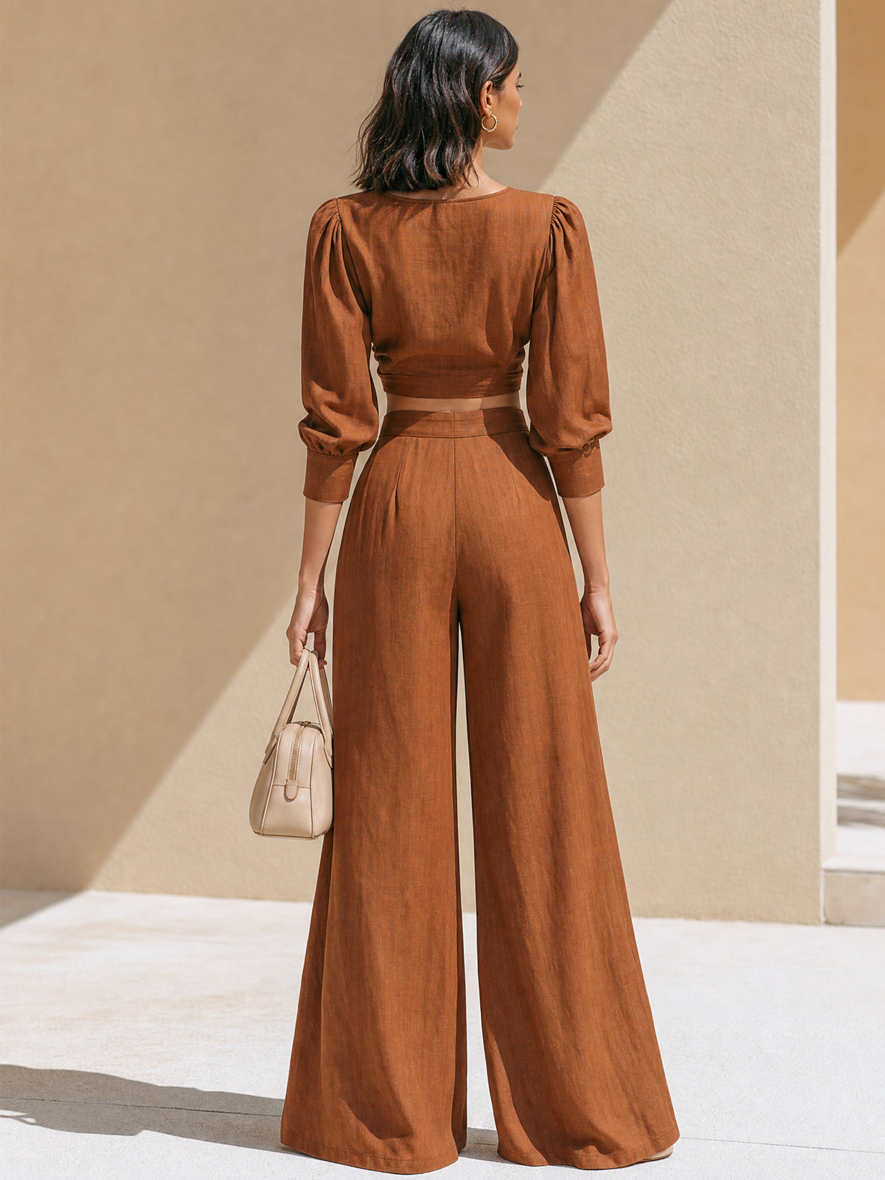 Terracotta Linen V-Neck Puff  3/4 Sleeve Top &  High Waist Wide Leg Trousers Set