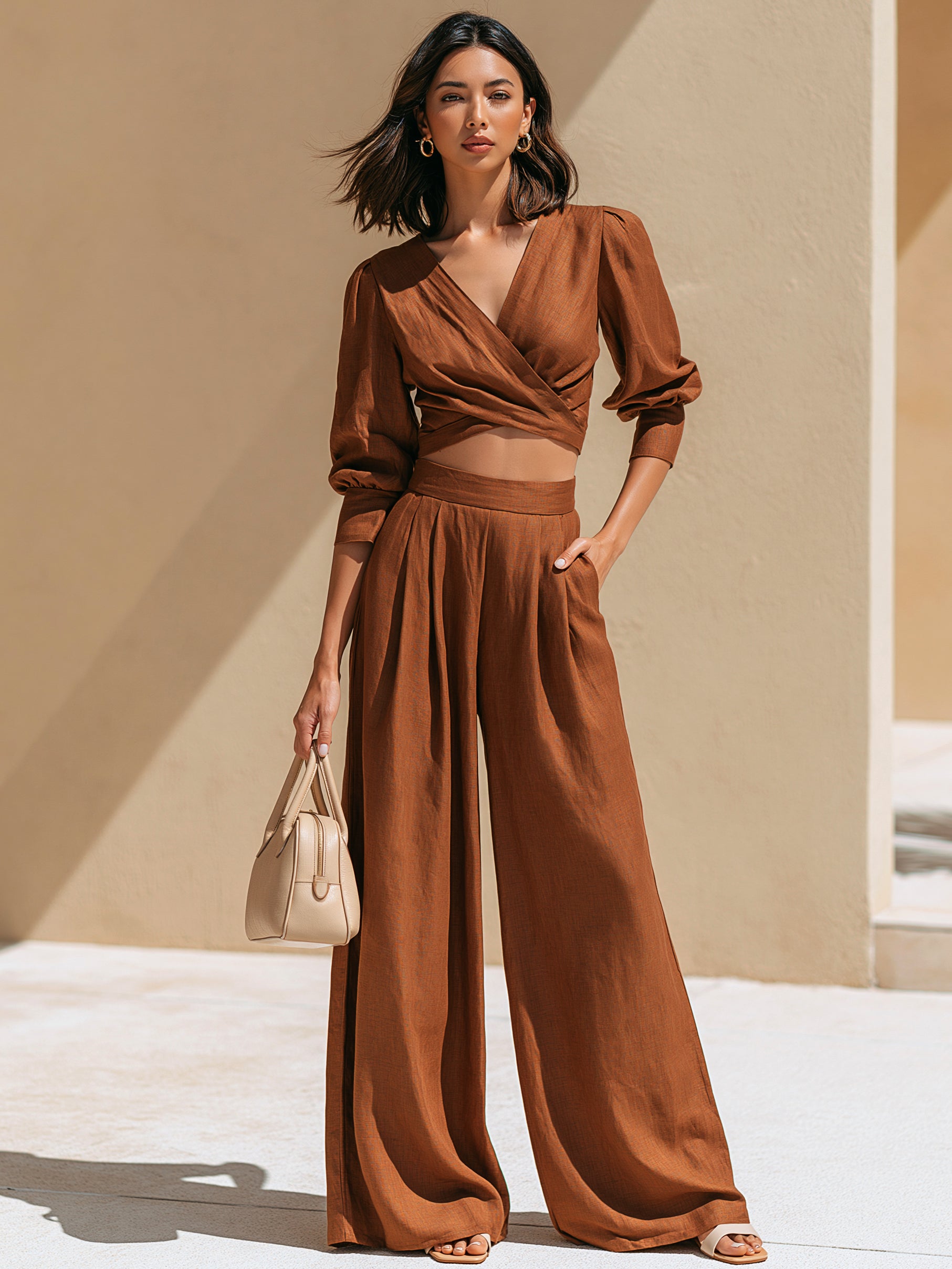 Terracotta Linen V-Neck Puff  3/4 Sleeve Top &  High Waist Wide Leg Trousers Set