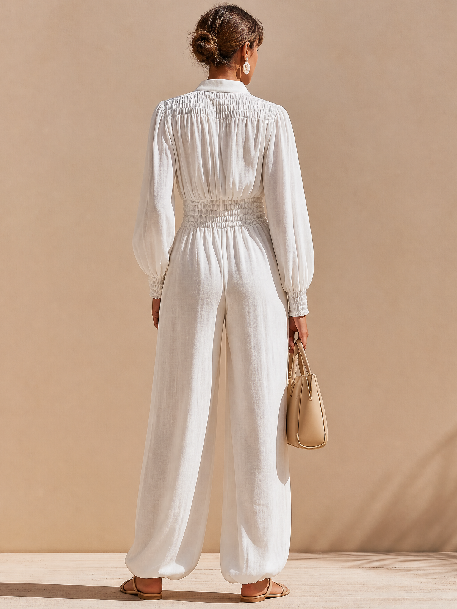 Linen V-Neck Balloon Sleeves & Elastic Waistband Jumpsuit