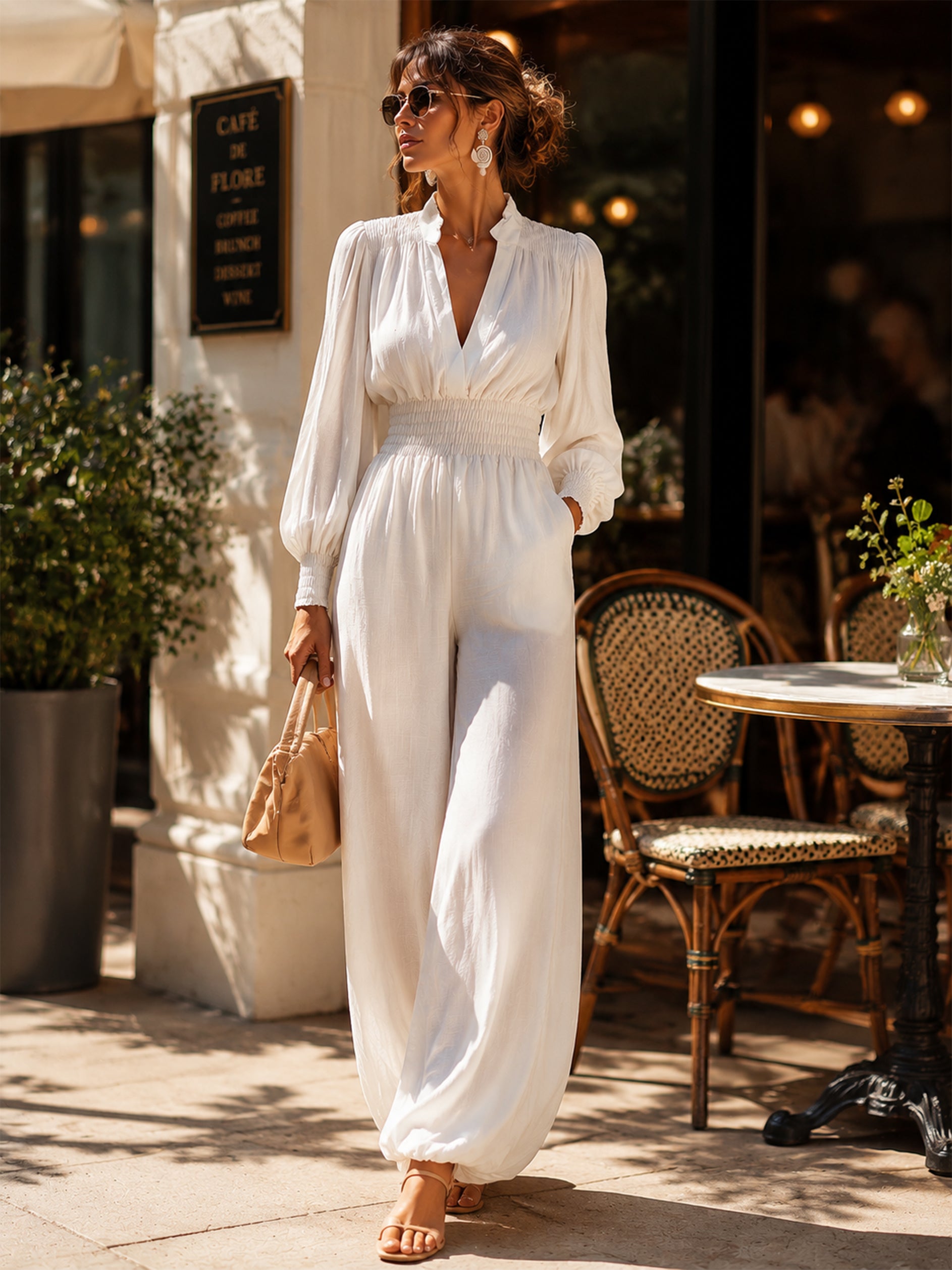 Linen V-Neck Balloon Sleeves & Elastic Waistband Jumpsuit