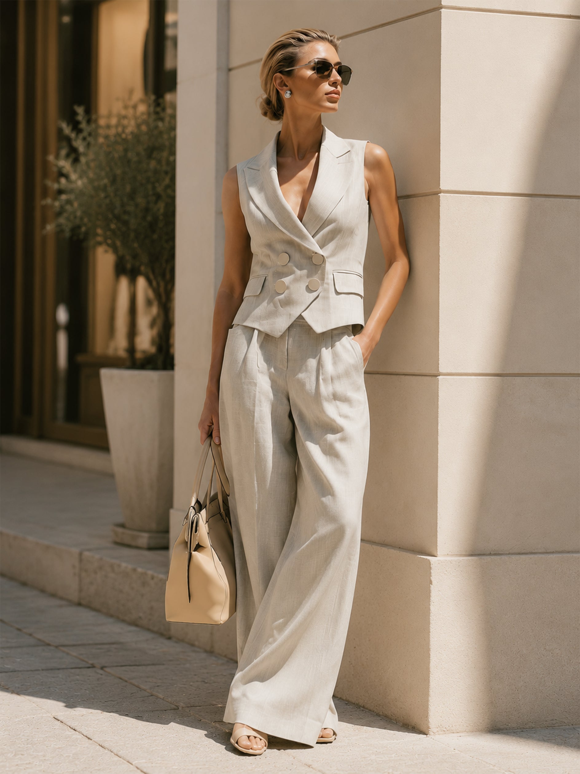 Double Breasted Sleeveless Vest & High Waist Wide Leg Trousers Suit