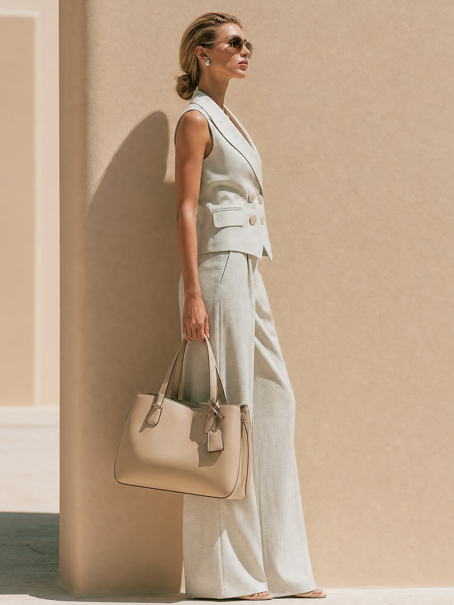 Double Breasted Sleeveless Vest & High Waist Wide Leg Trousers Suit